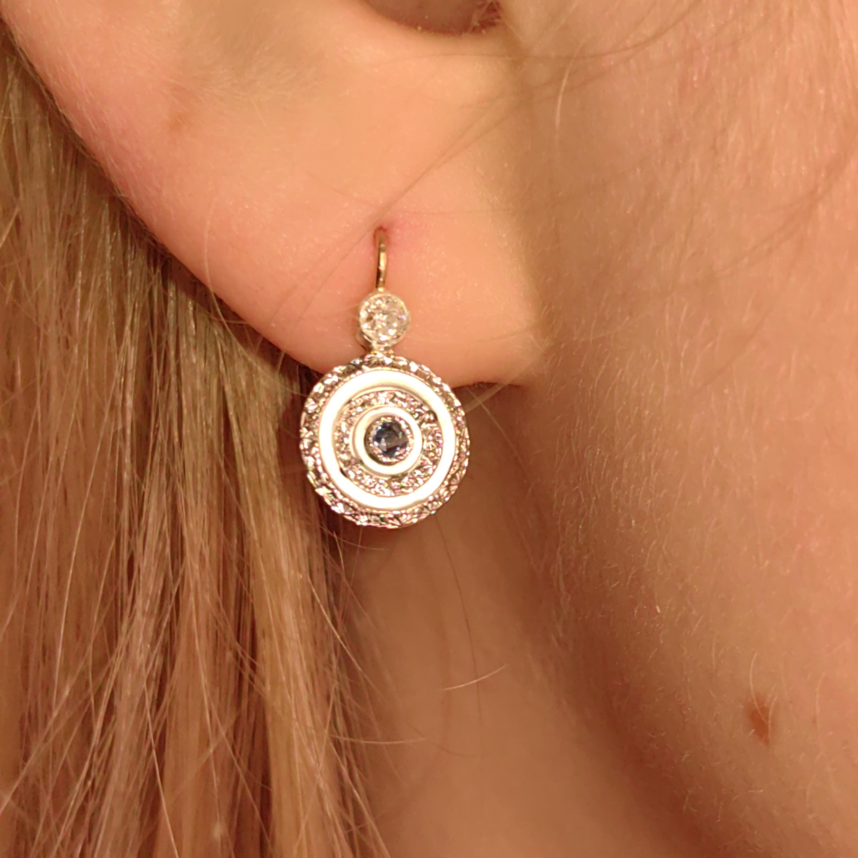 1920s Art Deco Antique Diamond and Sapphire Solid Yellow Gold Elegant Statement Earrings Lever Back Closure Gift for Her