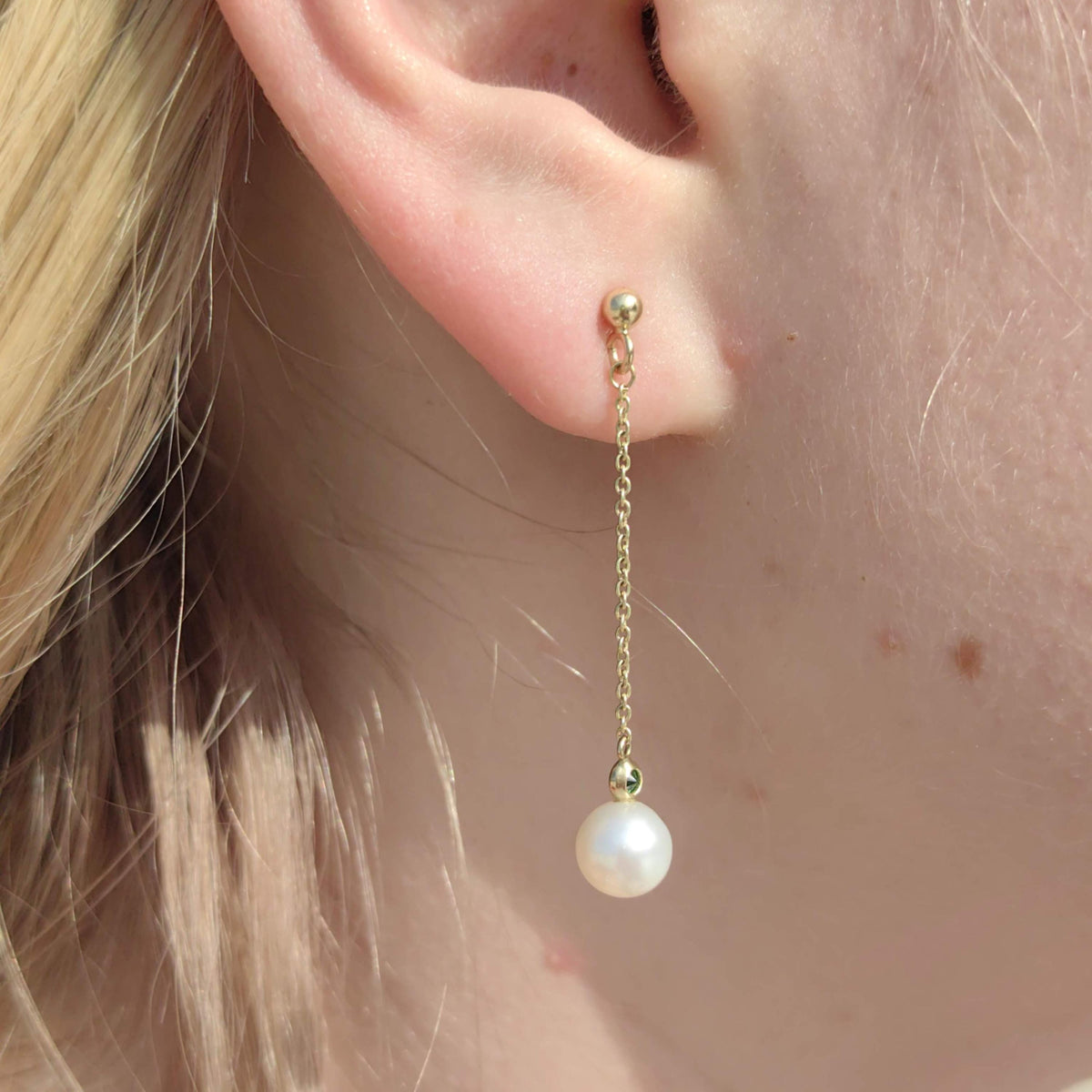 1950s Mid Century Natural Emerald Pearl 14k Yellow Gold Earrings, Vintage Hallmarked Dangle Chain Earrings, Gift for Her