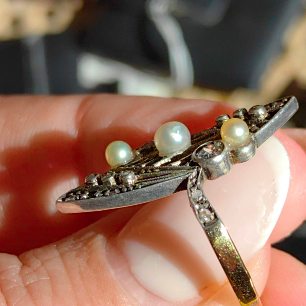 Art Deco Pearl Diamond Ring: 18k Gold Filigree Cocktail Ring