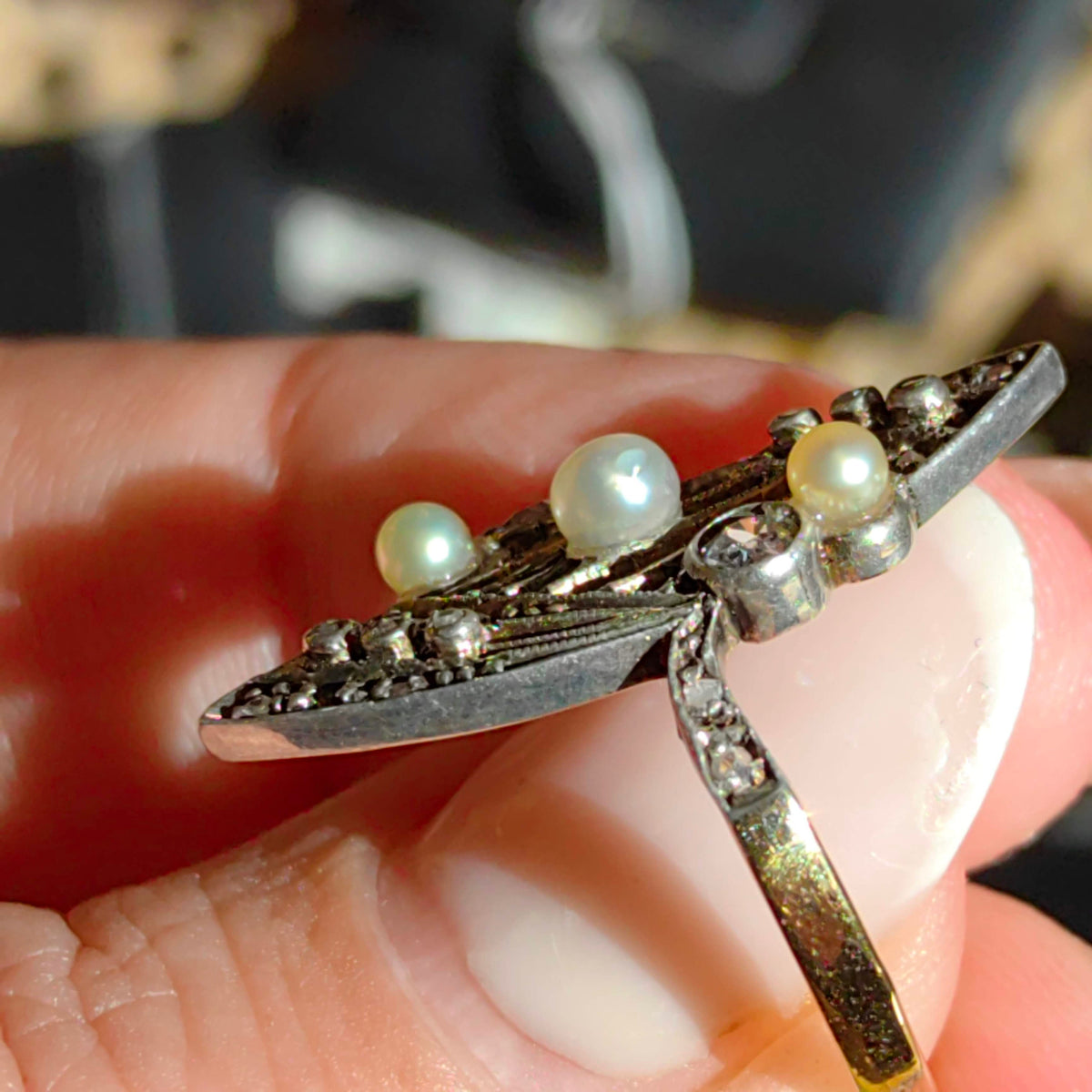 Art Deco Pearl Diamond Ring: 18k Gold Filigree Cocktail Ring