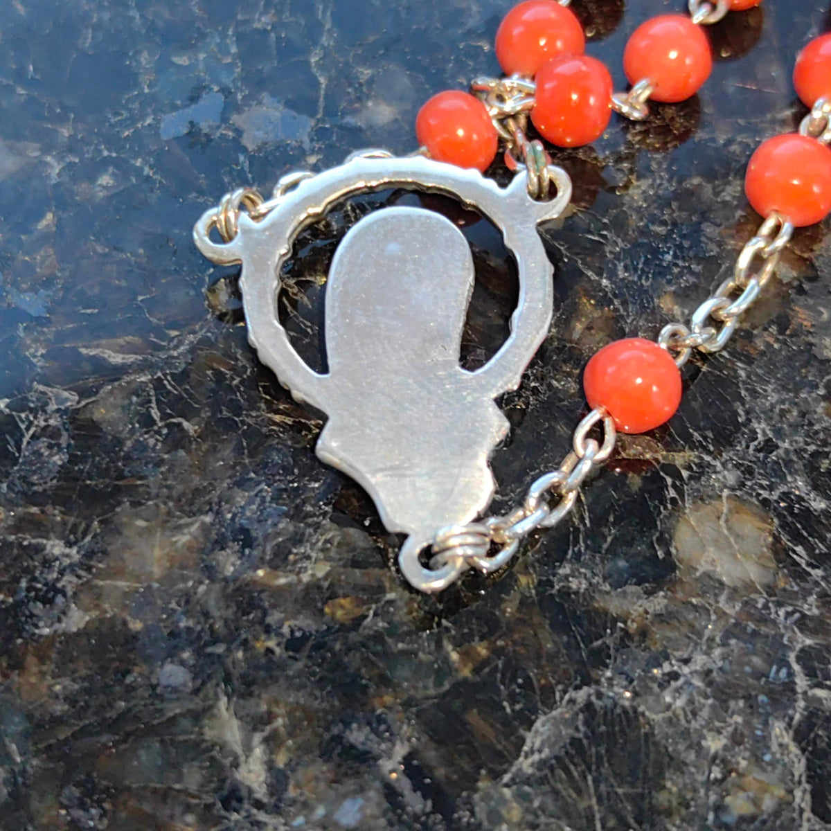 1930s Antique Coral Rosary Necklace: Silver Madonna, Jesus on Cross