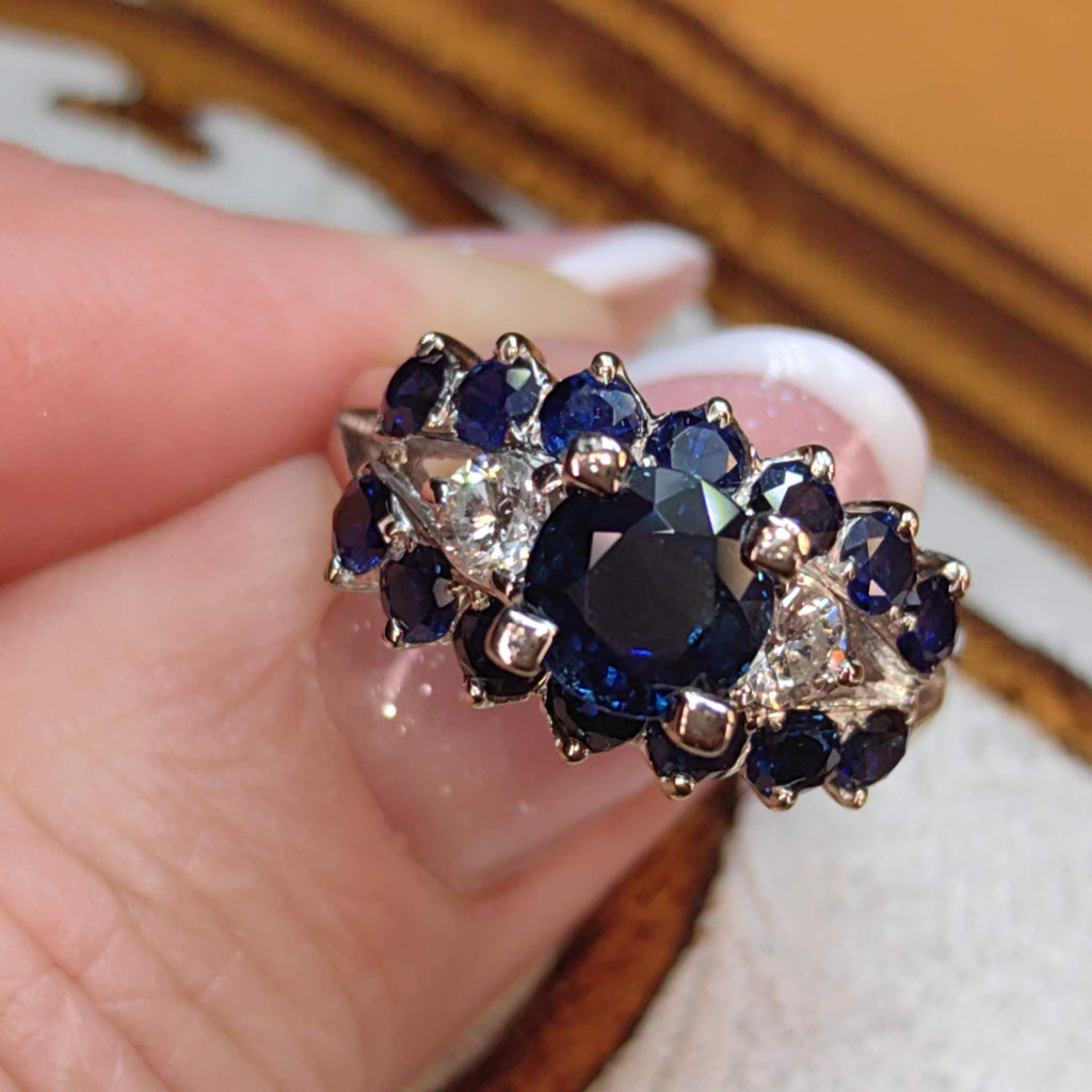 Vintage Mid-Century 18k White Gold Sapphire Diamond Ring
