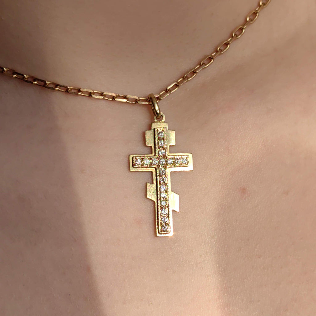 Diamond Orthodox Cross Pendant: 18K Yellow Gold Byzantine Necklace