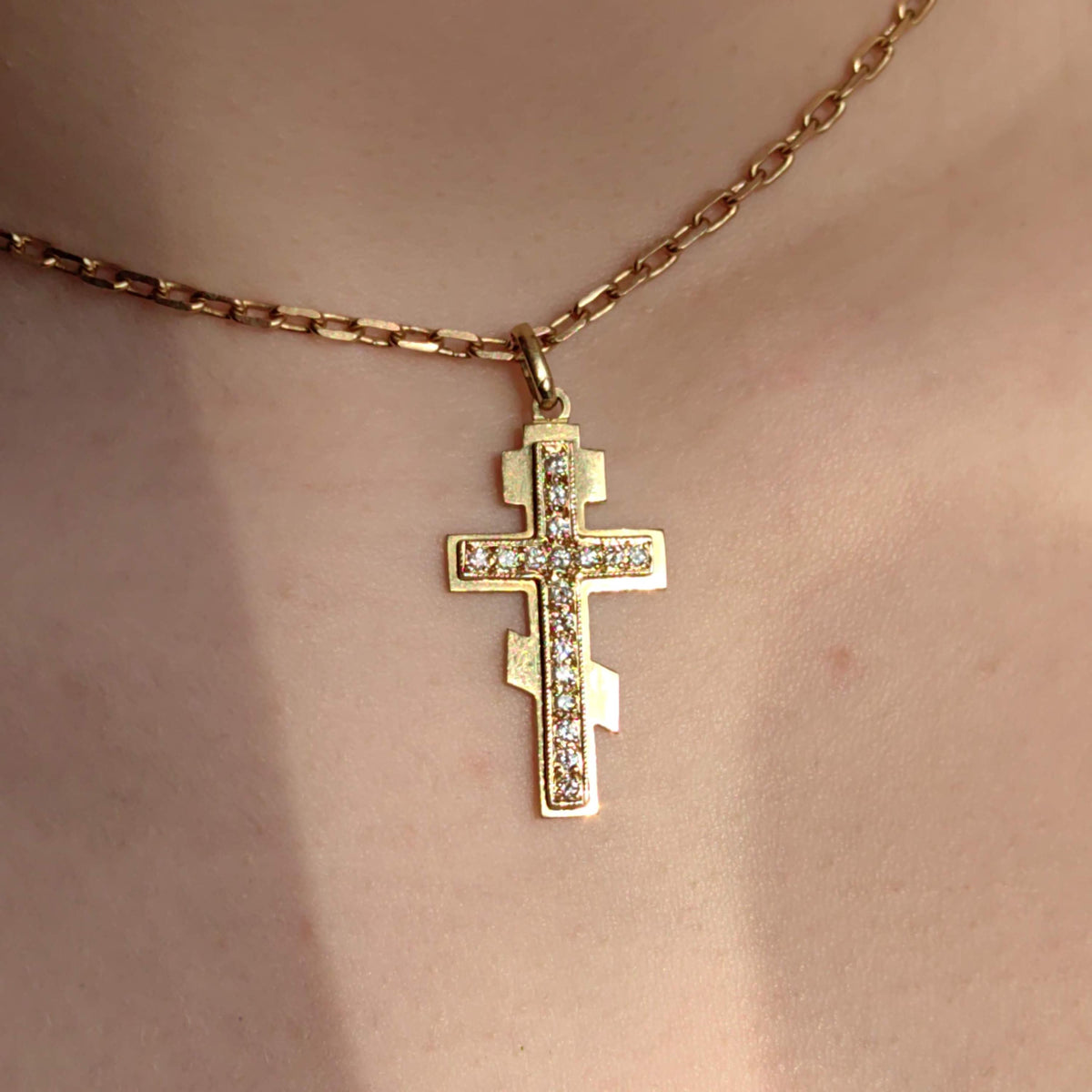 Diamond Orthodox Cross Pendant: 18K Yellow Gold Byzantine Necklace