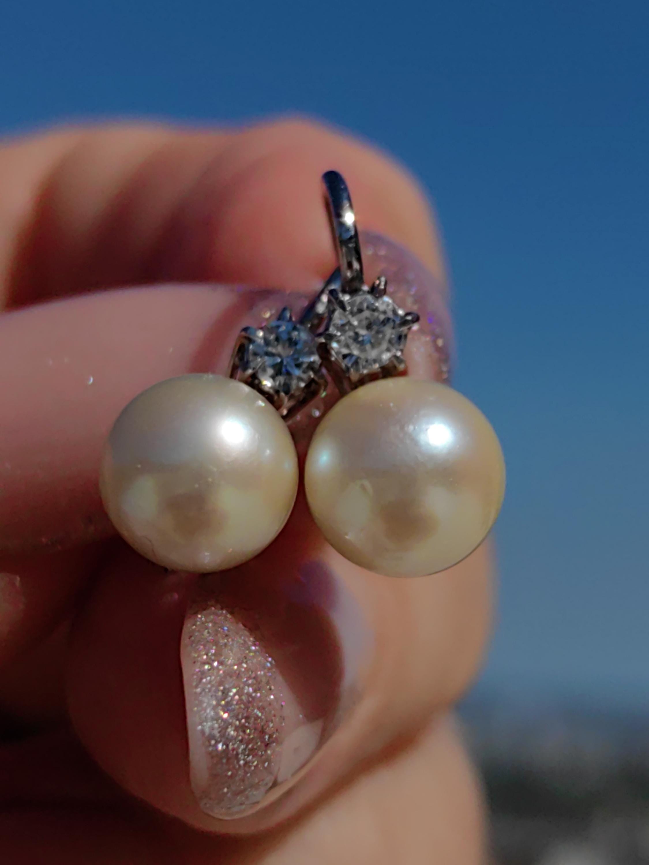 Diamond  Pearl 18k Solid White Gold Mid Century 1950s Antique Vintage Sleepers Lever Back Closure Elegant Earrings Gift for her