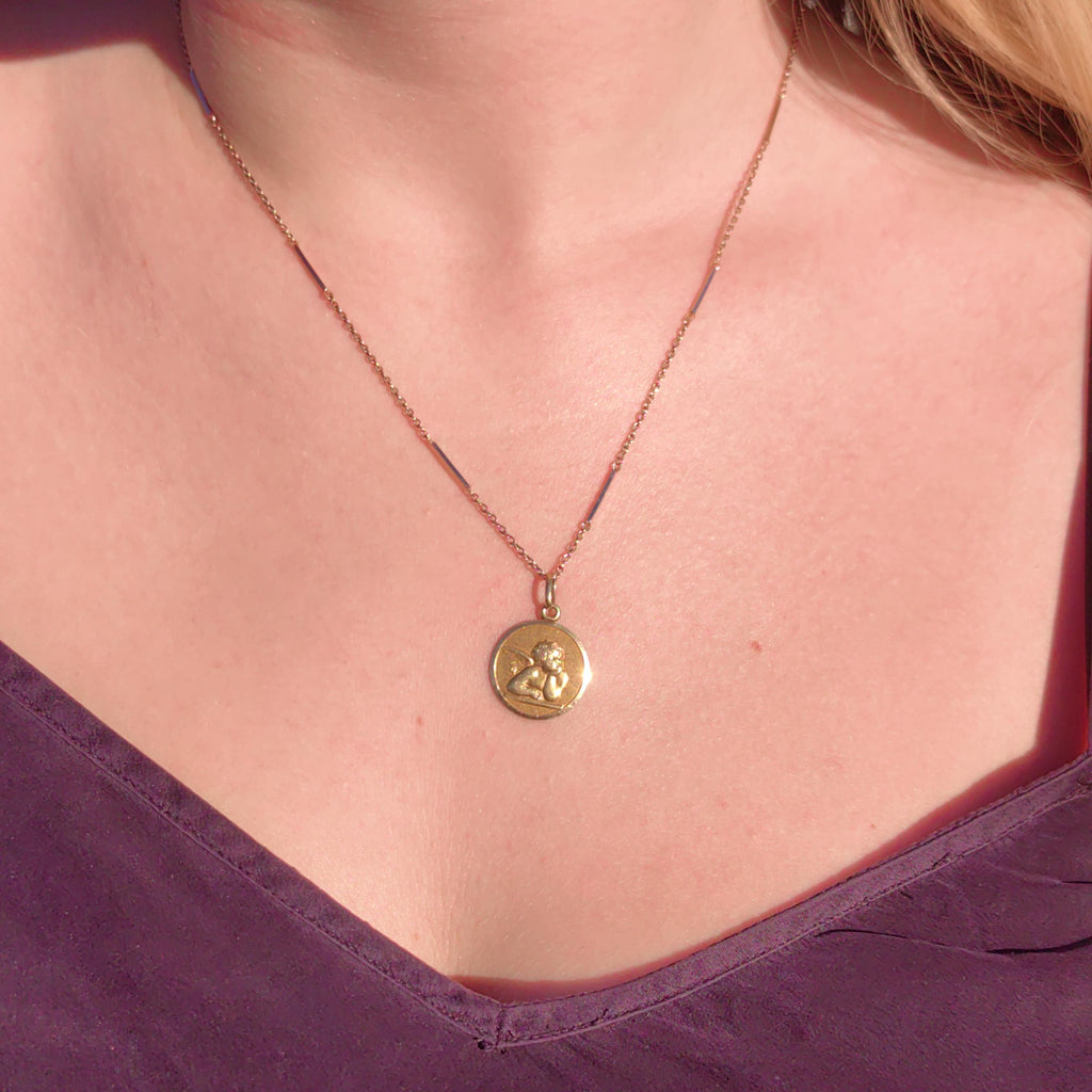 Vintage 18k Gold Cupid Angel Pendant: Religious Catholic Charm