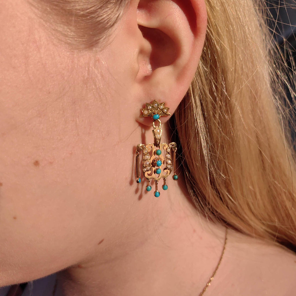 Turquoise Pearl 18K Gold Dangle Earrings: Antique Victorian Revival