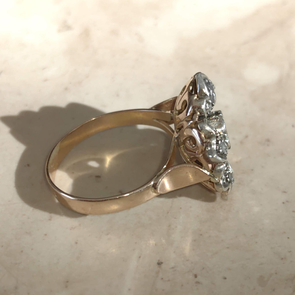 Art Deco Diamond Floral Ring: 14k Gold & Silver, 1930s Statement Ring