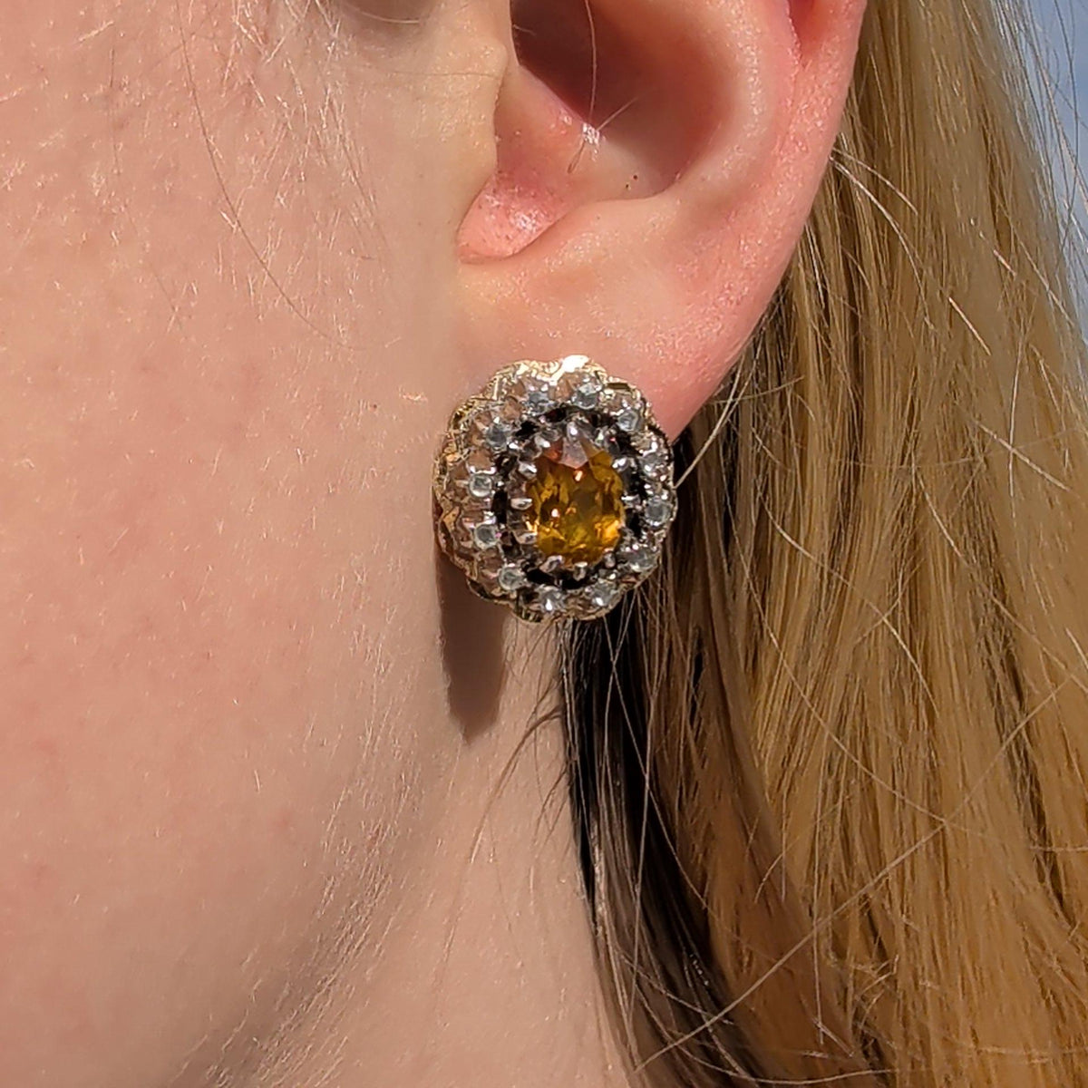 Antique Citrine Diamond Earrings 18K Gold 1940s Vintage Statement Stud Earrings Yellow Gold Floral Cluster Gift for Her
