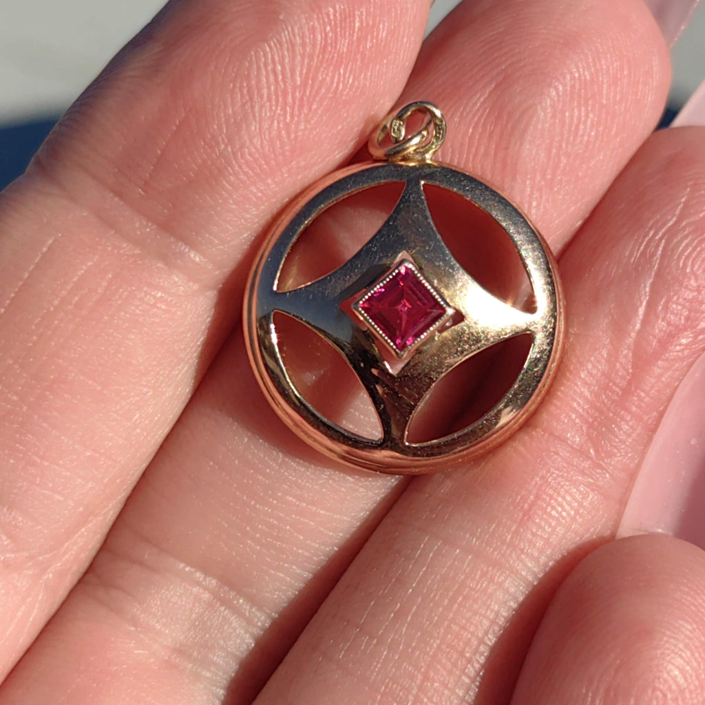 1900s Art Nouveau 14k Solid Yellow Rose Champagne Gold Pendant Lab Grown Ruby Liberty Style Elegant Medallion Gift for Her Present