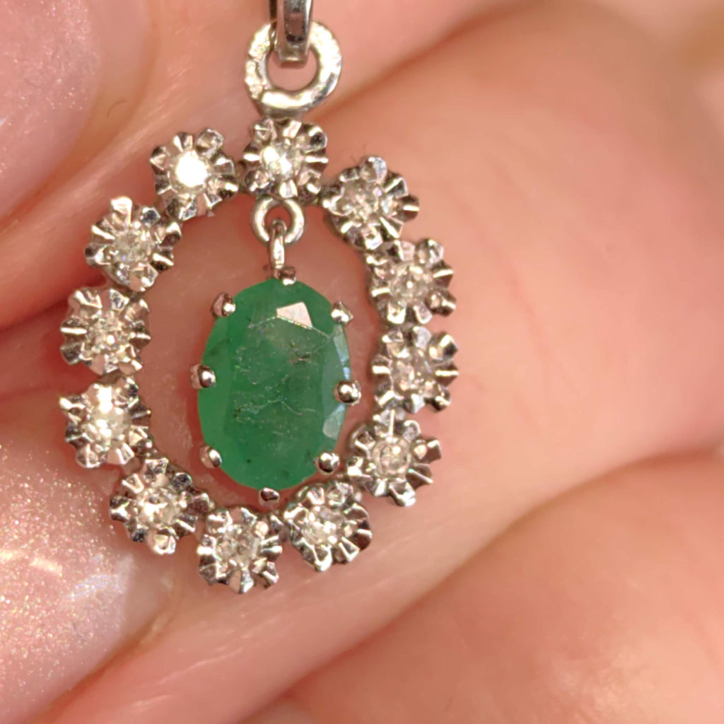 Natural Emerald and Diamond 14k Solid White Gold Dangle Charm Pendant Elegant Dainty Vintage Gift her Present