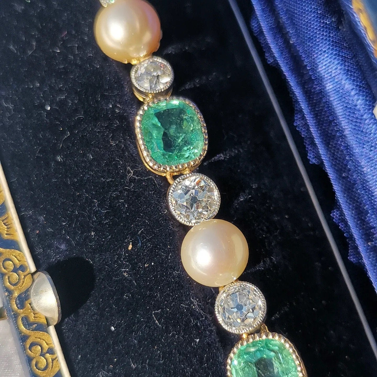 Victorian 18k Gold Bracelet: Antique Diamond, Emerald & Pearl Art Nouveau Jewelry