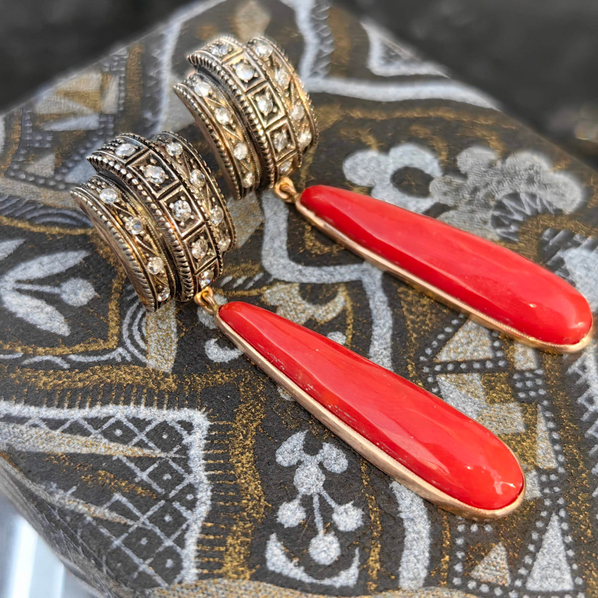 Art Deco Antique Vintage Coral and Diamond Dangle Earrings