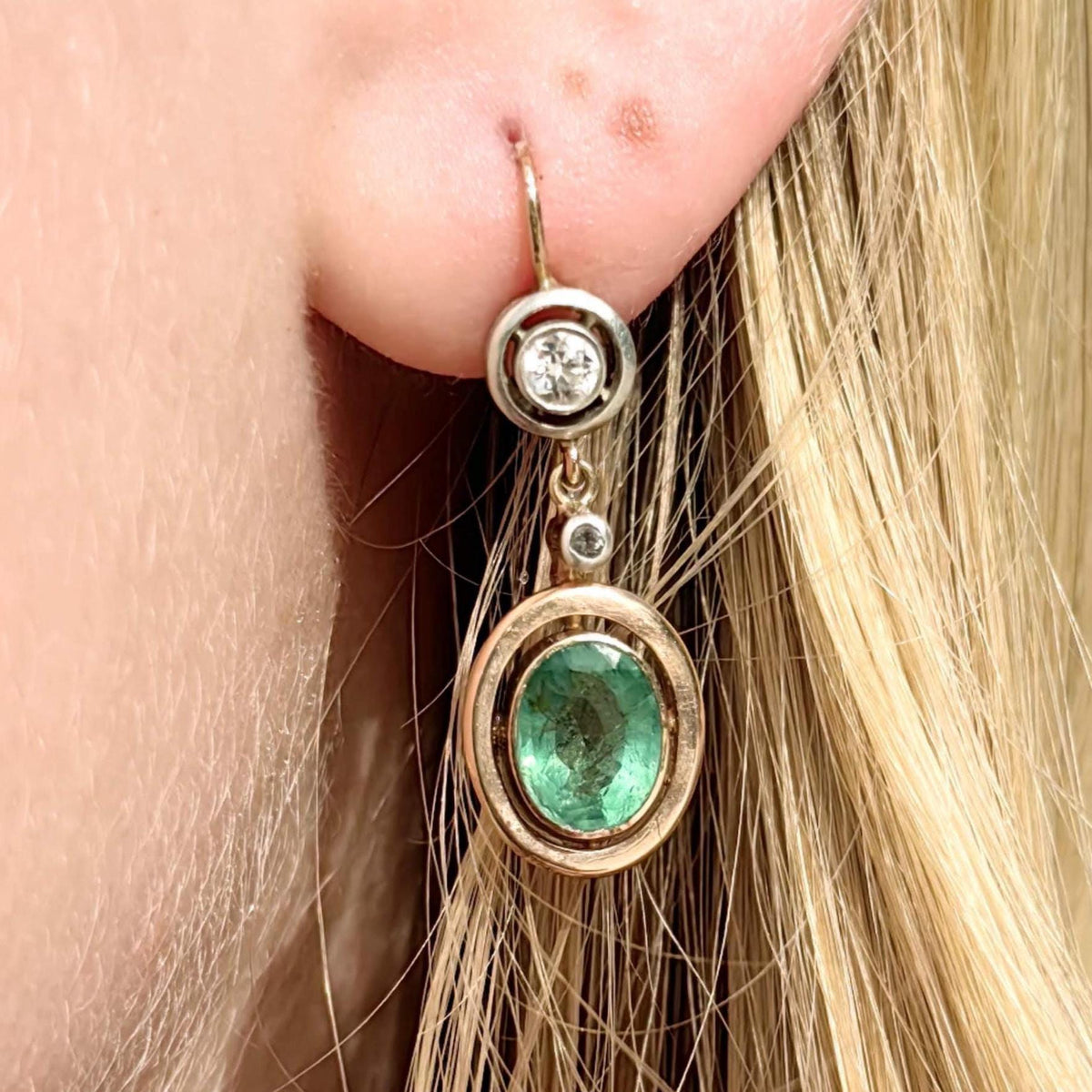 1920s Antique Emerald Diamond Dangle Drop Earrings, 14k Yellow Gold Heirloom Jewelry