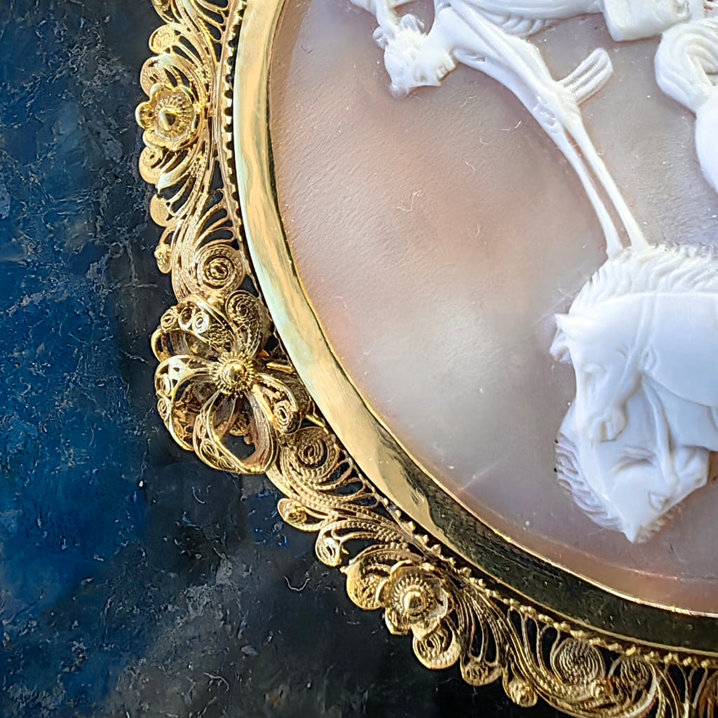 Antique 1830s Empire Shell Cameo Brooch Pendant: 14k Yellow Gold Filigree