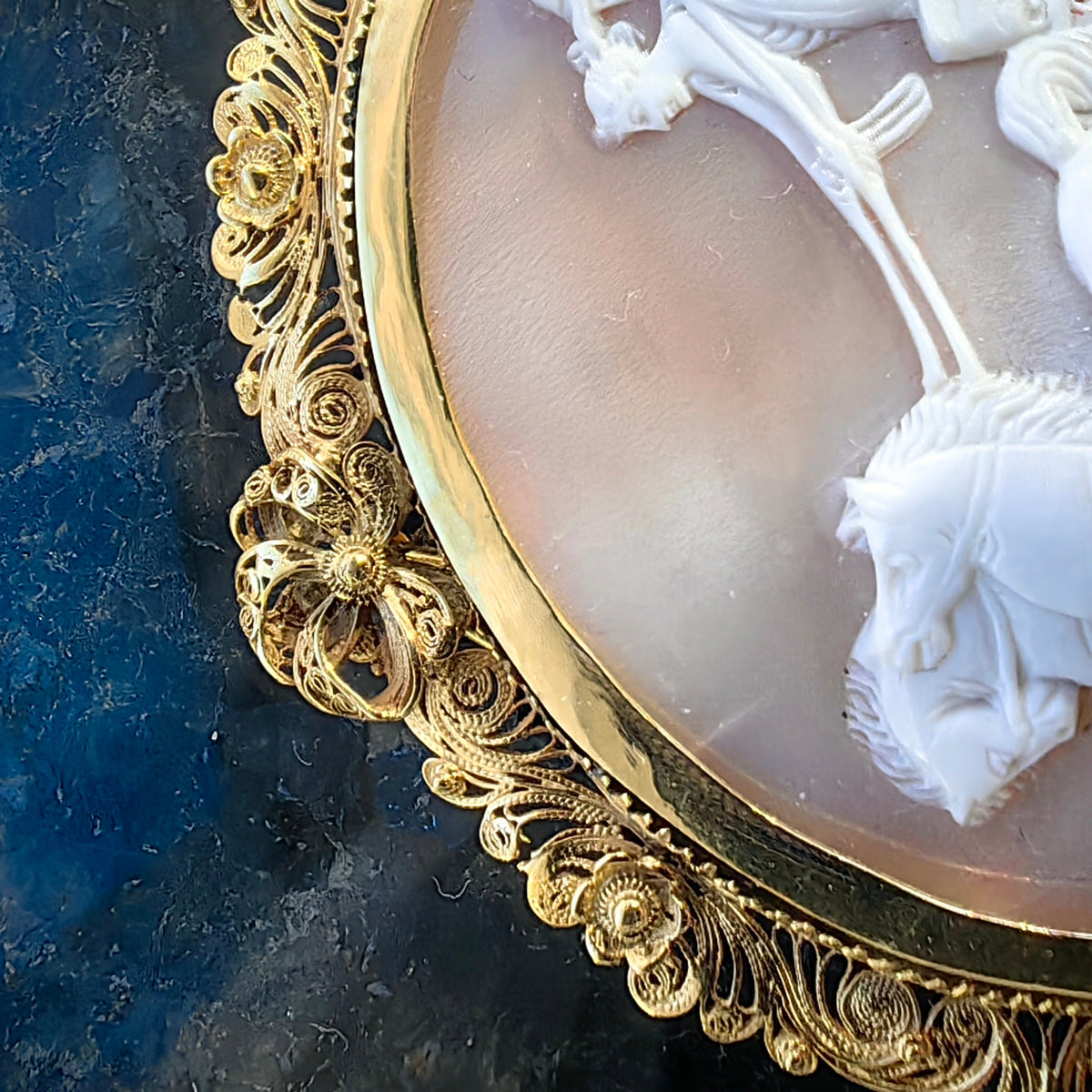 Antique 1830s Empire Shell Cameo Brooch Pendant: 14k Yellow Gold Filigree
