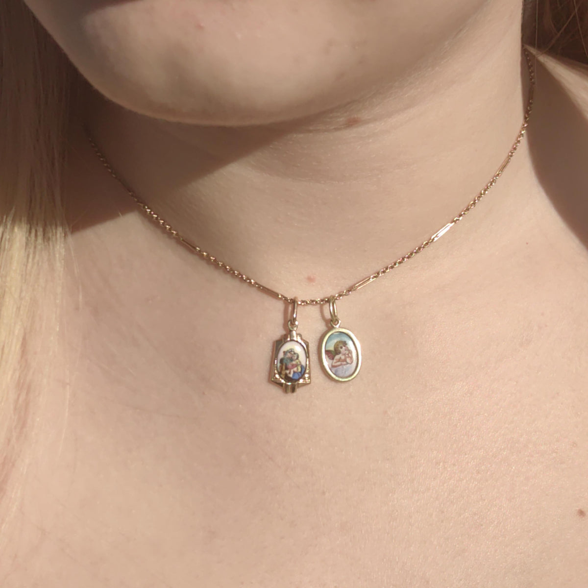14k Gold Virgin Mary Pendant: Antique Art Nouveau Enamel