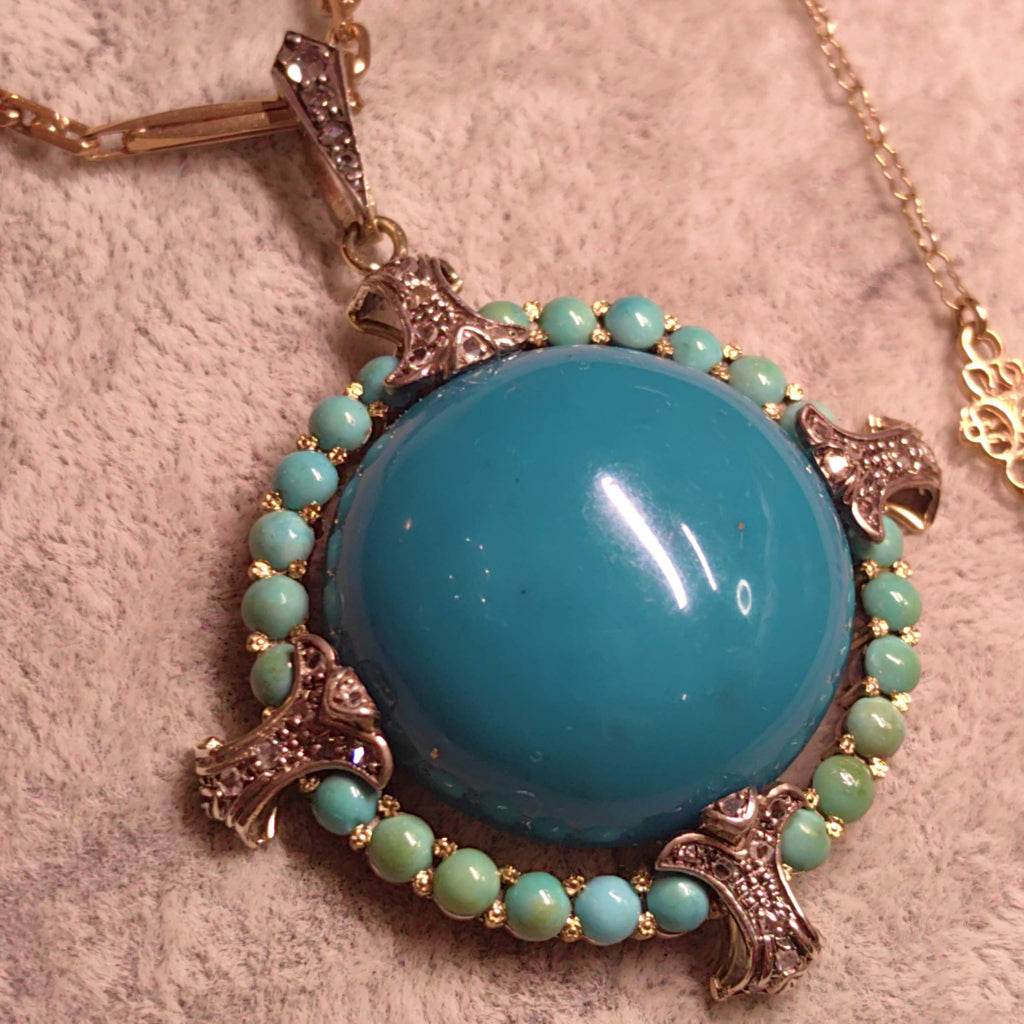 1930s Art Deco Natural Blue Turquoise Pendant 18k Solid Yellow Gold Rose Diamond Statement Pendant Charm Gift for Her Present