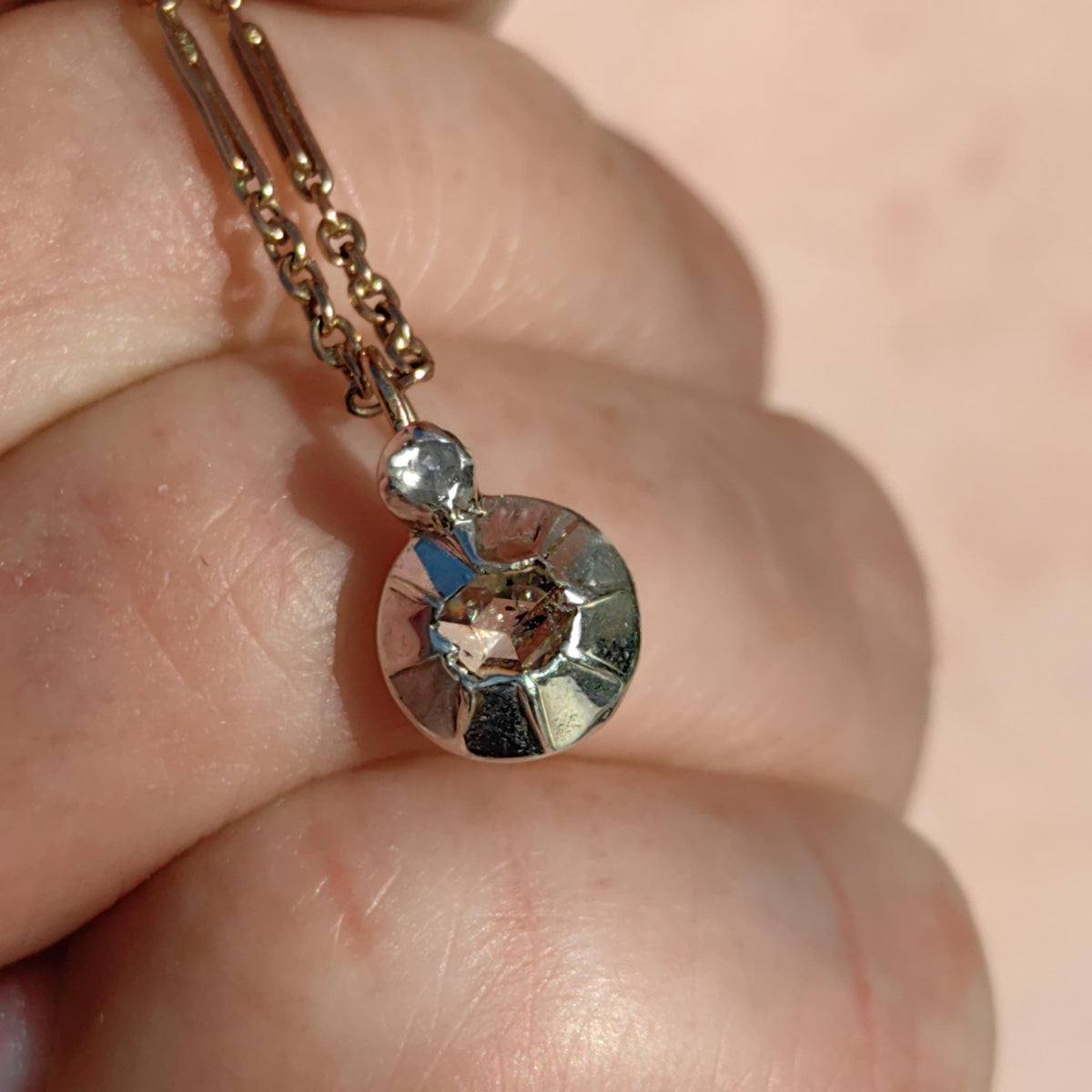 Victorian Rose Cut Diamond Pendant: 14k Yellow Gold & Silver Setting