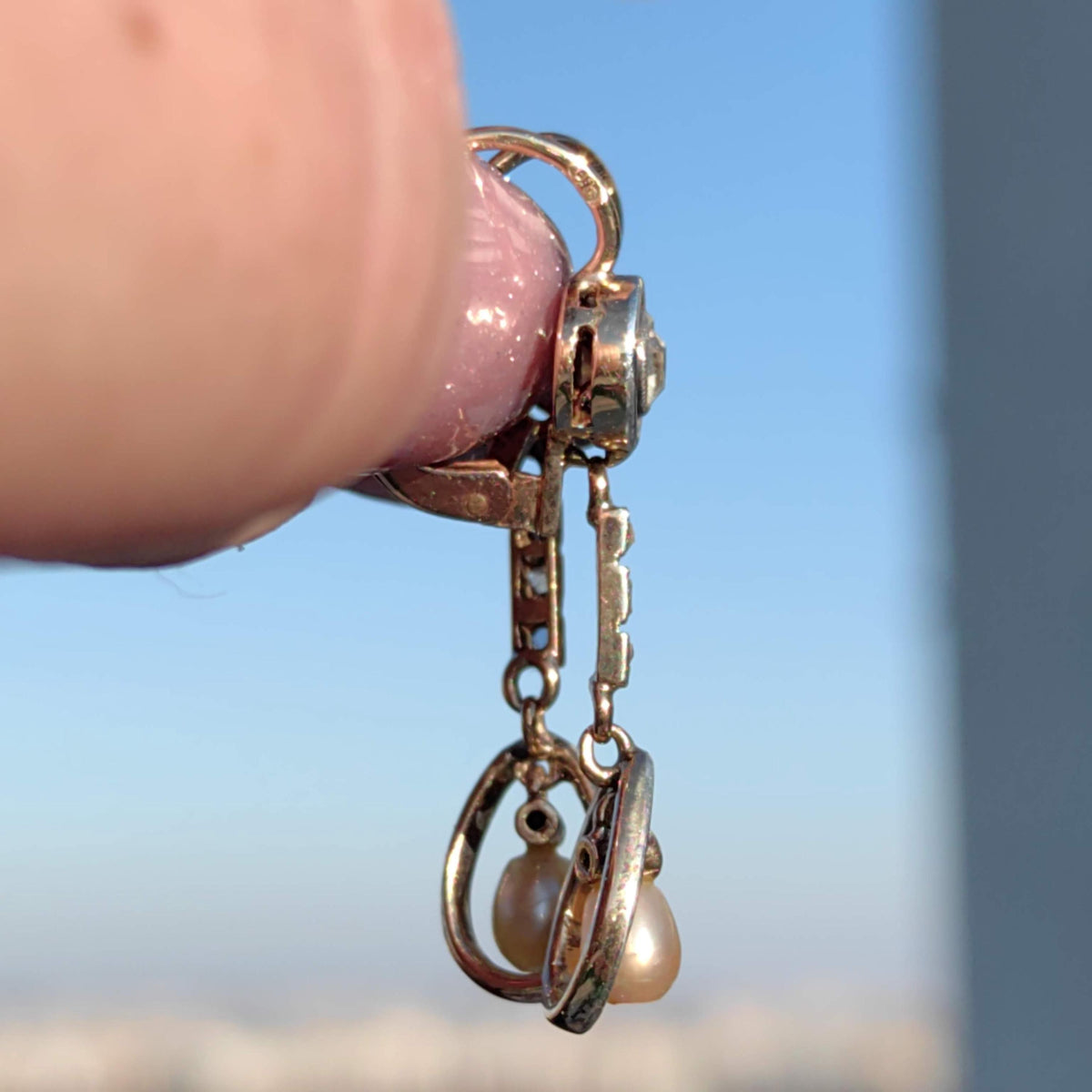 Antique 18k Gold Pearl Earrings: Rose Cut Diamond Art Nouveau Dangles