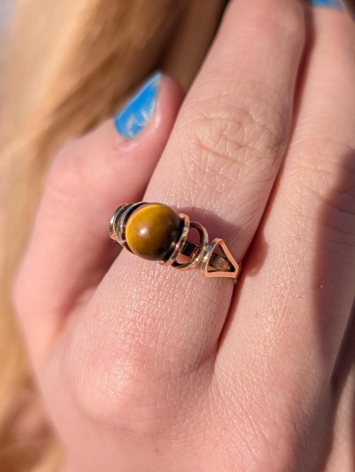 Vintage 1980s Tiger Eye Ring 14k Champagne Yellow Rose Gold Hungarian Hallmarked Statement Gemstone Fine Jewelry Gift for Her
