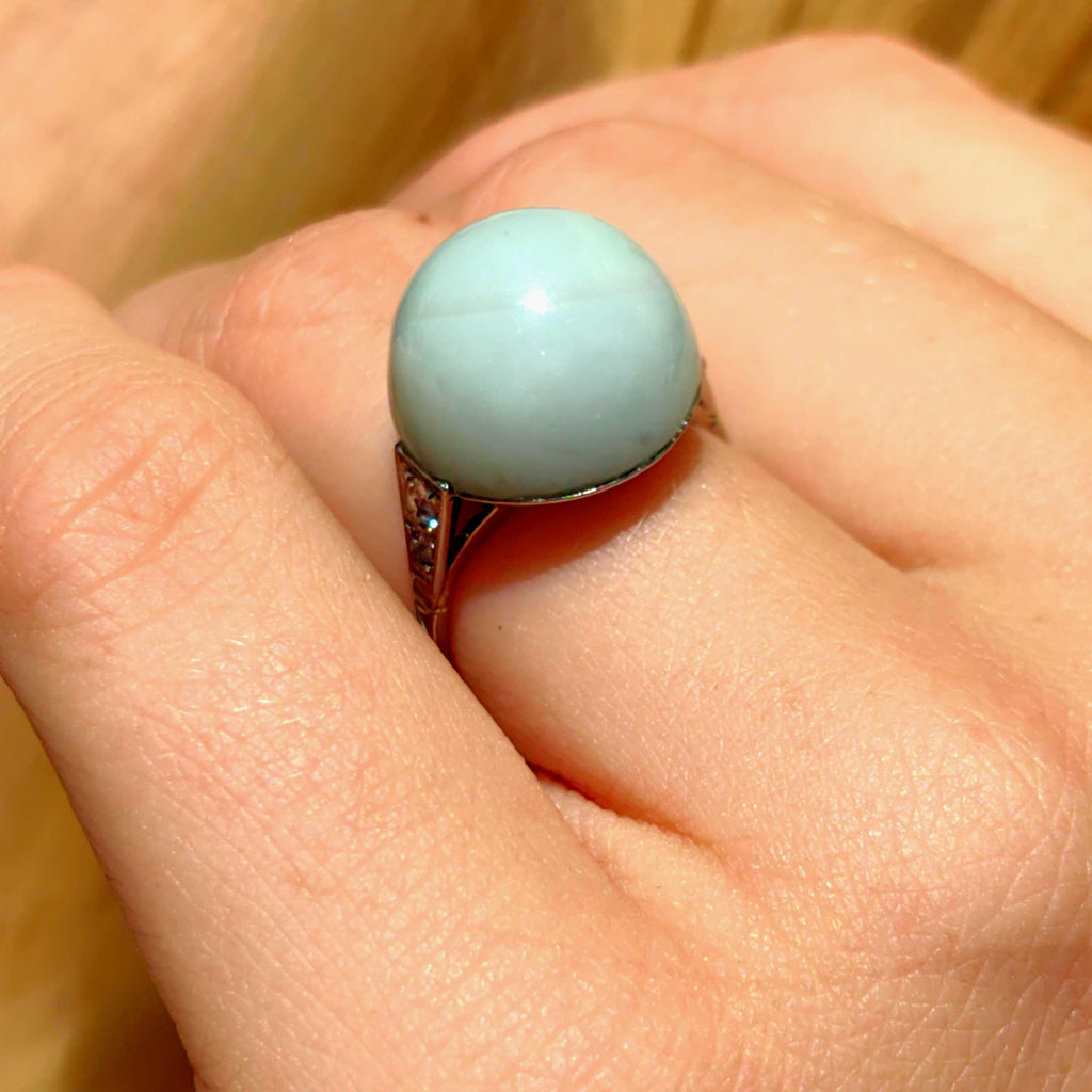 1920s Art Deco Jade Diamond Ring: 18k White Gold French Hallmarks