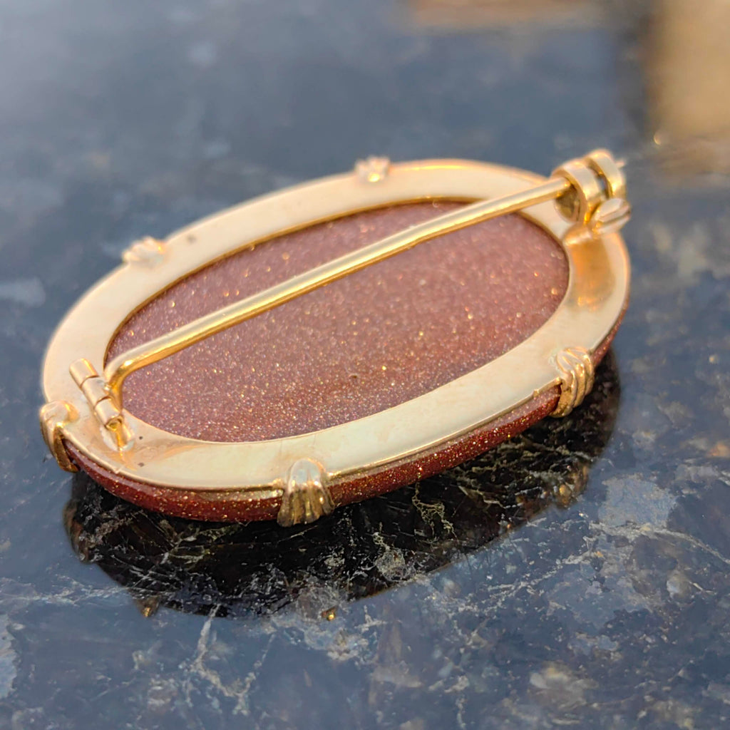 Victorian Goldstone Brooch Pendant: Antique 19K Yellow Gold Statement Jewelry