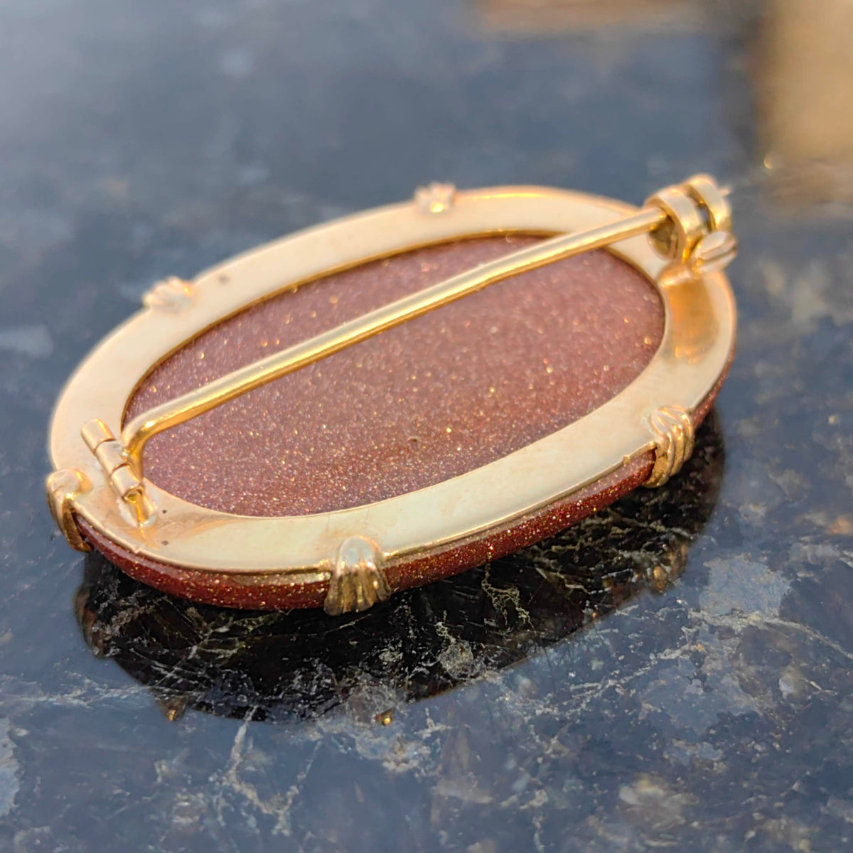 Victorian Goldstone Brooch Pendant: Antique 19K Yellow Gold Statement Jewelry