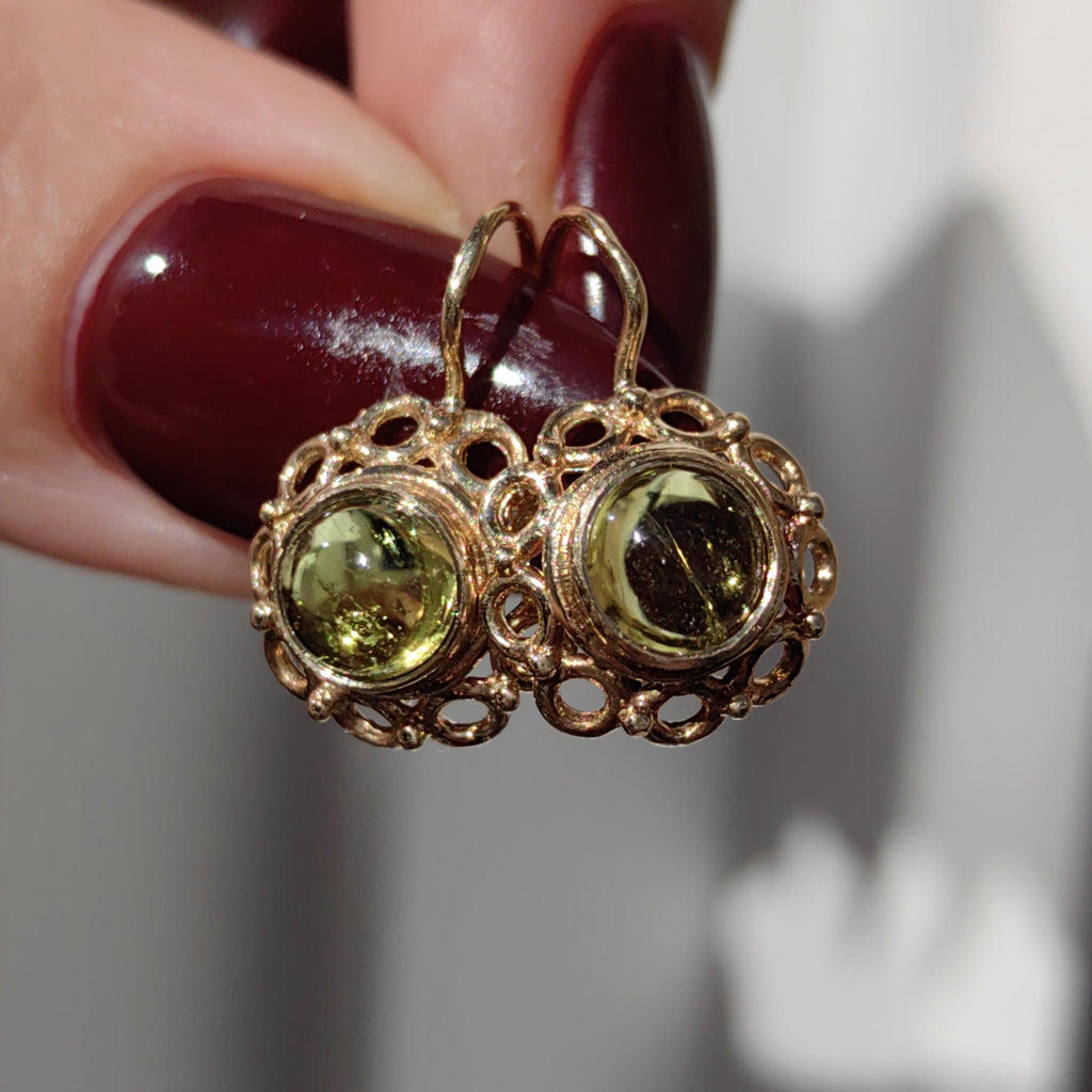 Green 14k Solid Yellow Rose Gold Green Yellow Tourmaline Antique Vintage Floral Flower Elegant Dainty Earrings Vintage 1940s Dormouse Gift