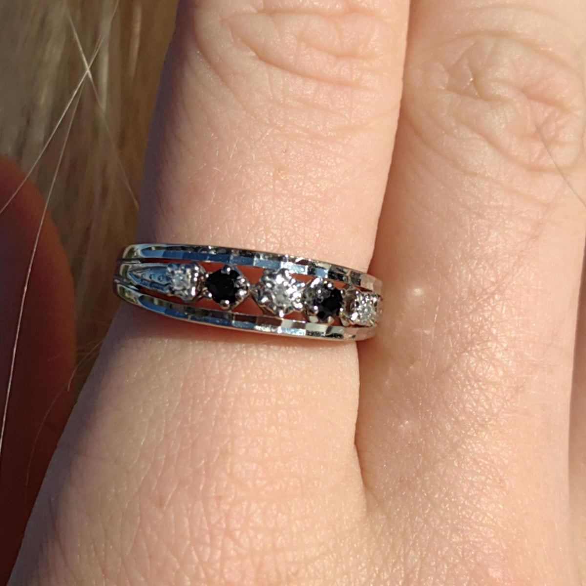 Natural Sapphire Diamond 14k 585 Hallmarked Solid White Gold Engagement Ring, Vintage Antique 1960s Elegant Ring Gift for Her