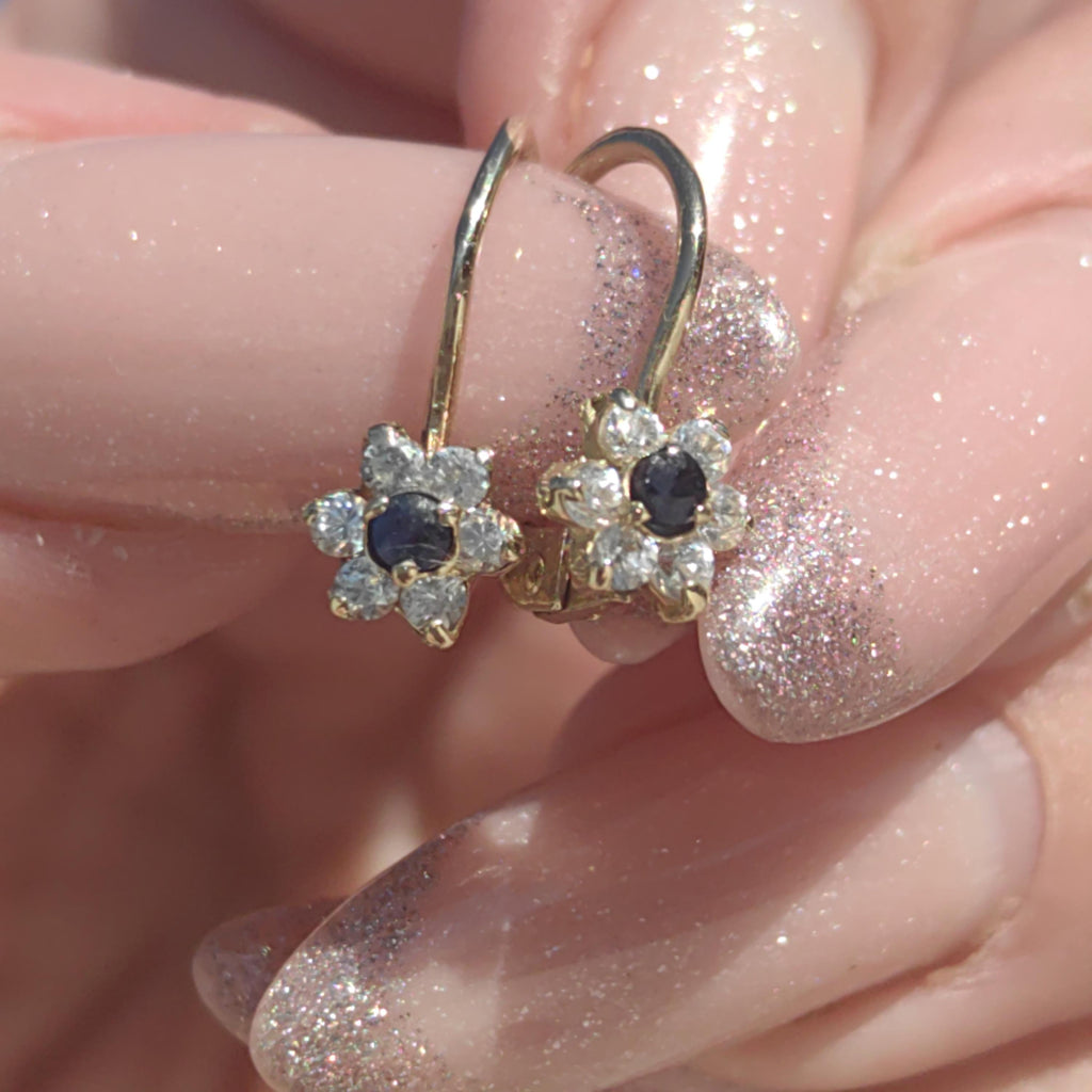 Art Nouveau 14k Champagne Gold Dangle Elegant Floral Dainty 1900s Antique Gift for Her artificial Sapphire Cubic Zirconia Flower Earrings