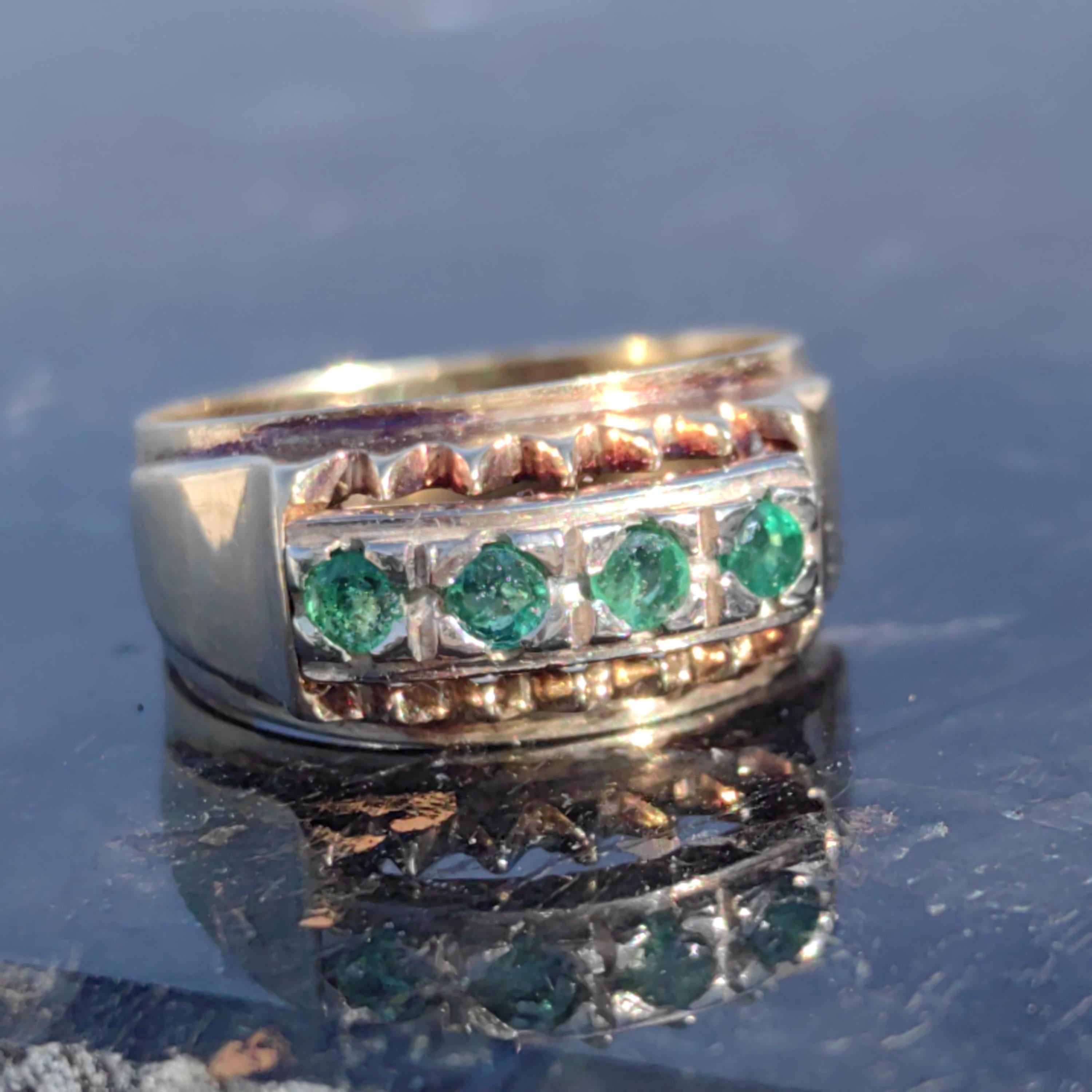 Original Mid century Antique Vintage Genuine Emerald Solid Yellow Gold and Silver Setting Elegant Stackable Band Ring