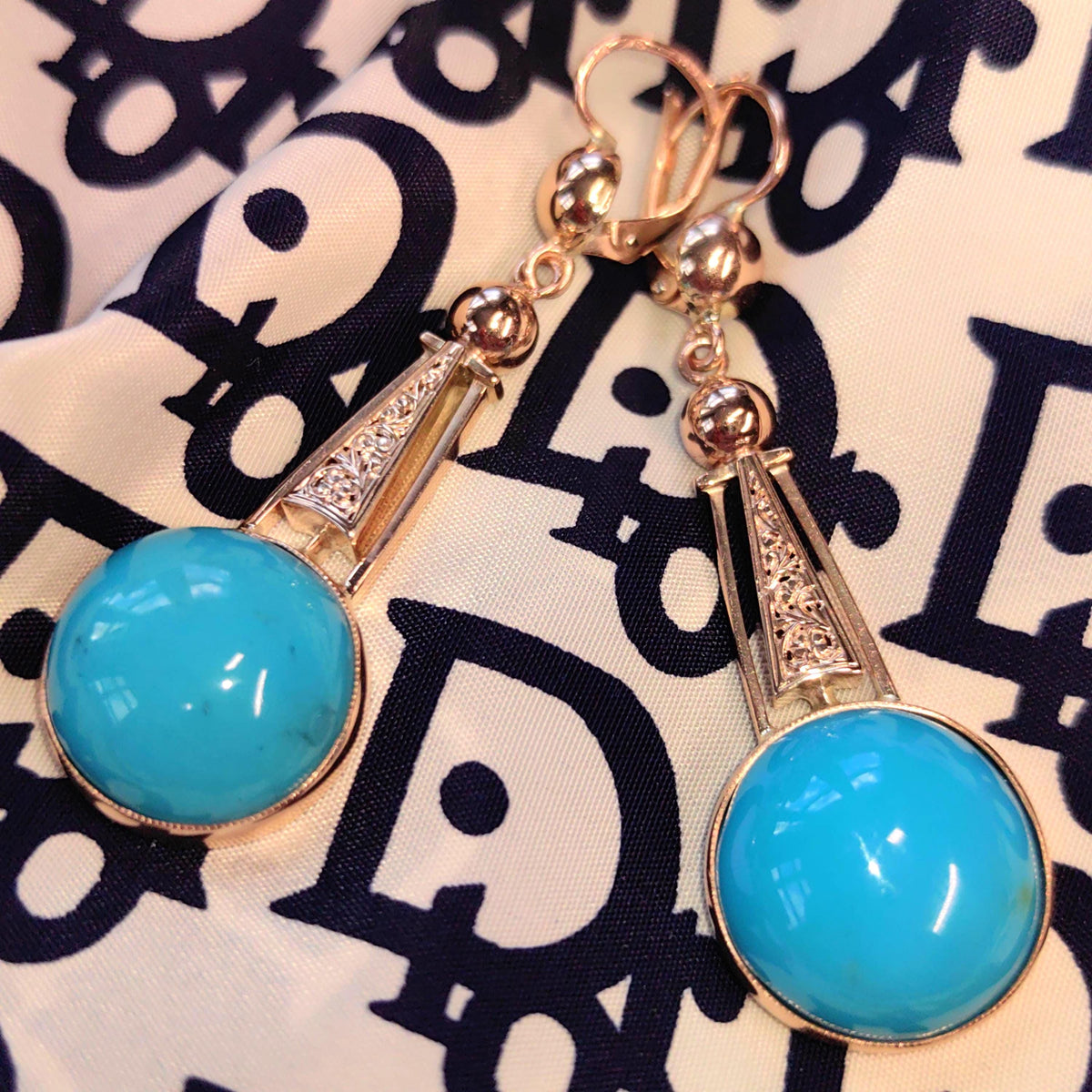 Turquoise 14K Solid hallmarked Yellow Rose Champagne Gold Dangle Drop  Historism 1890s Elegant Vintage Earrings Gift for Her Present