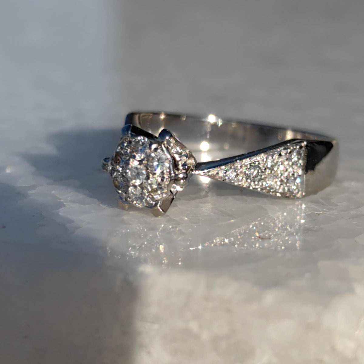 Vintage Diamond Cluster Ring: 14k White Gold Engagement Ring, Size 6.5