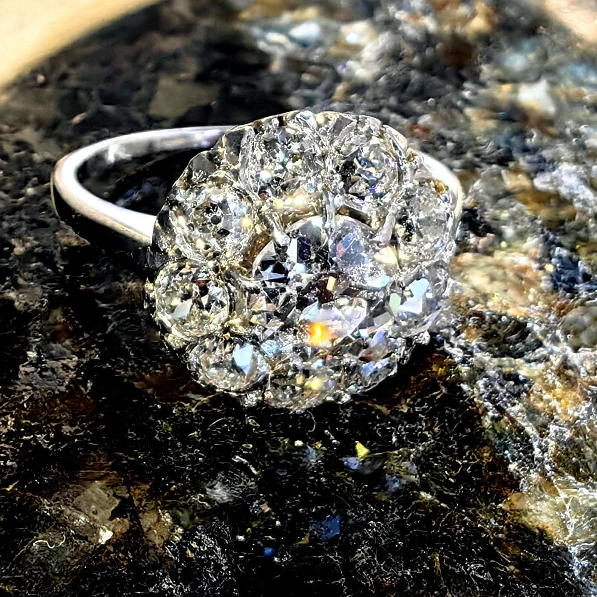 Antique 1.90ct Diamond Cluster Ring: 14K White Gold Art Deco Engagement