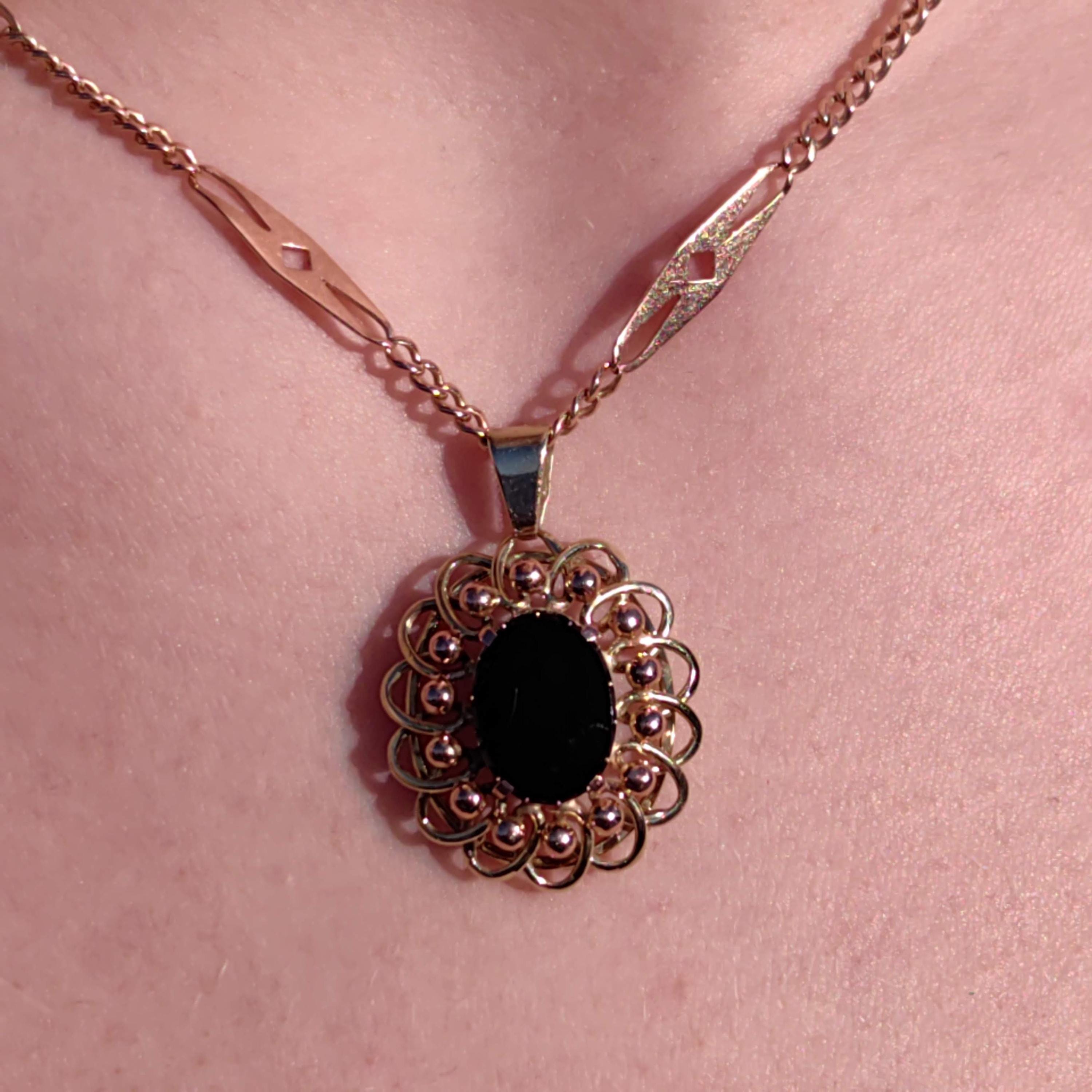 Vintage Black Onyx Yellow Gold Pendant - 1960s Statement Charm