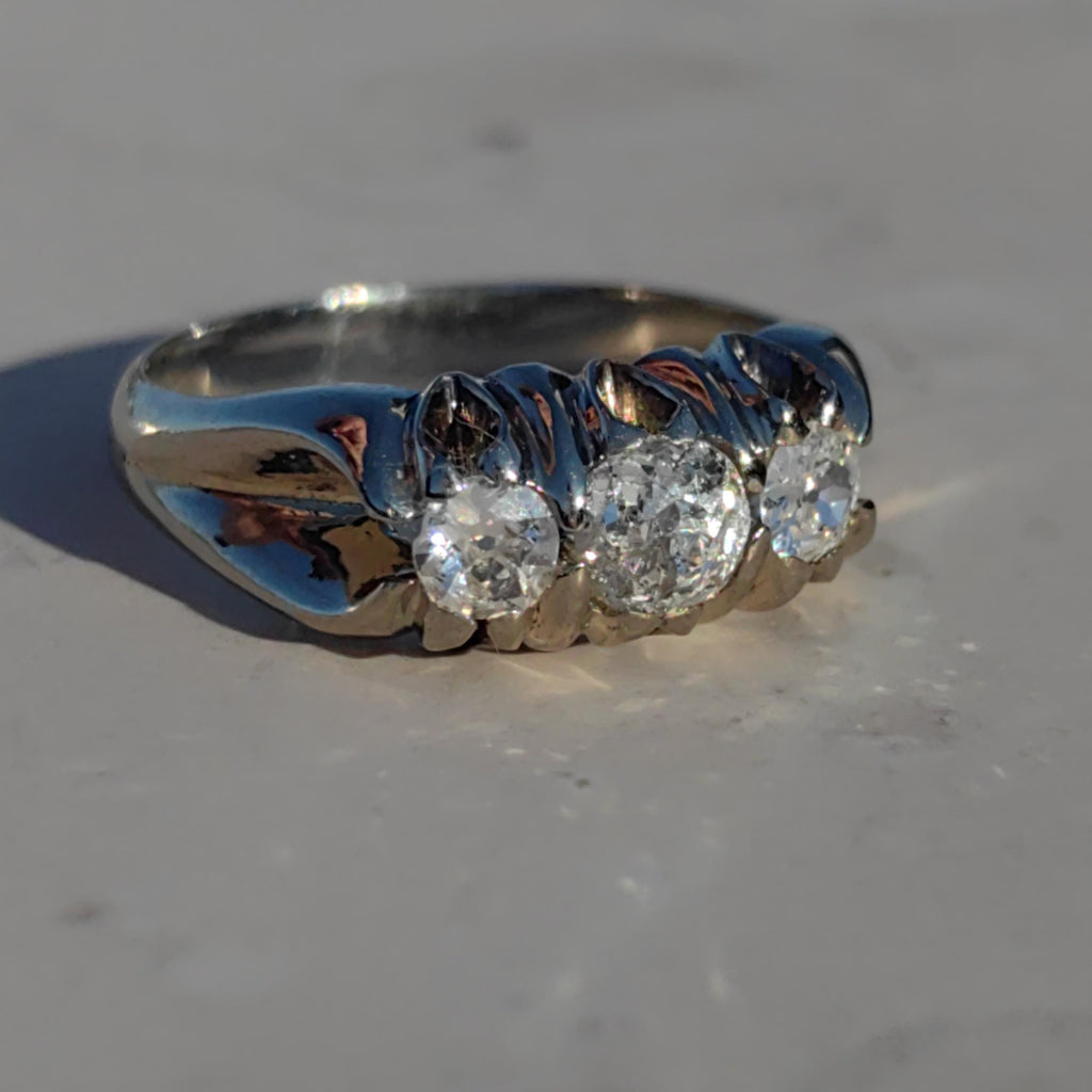Diamond 18K Solid White Gold Vintage 1930s Art Deco Engagement Three Stone Setting Diamond Engagement Band Ring, Thick Statement Ring