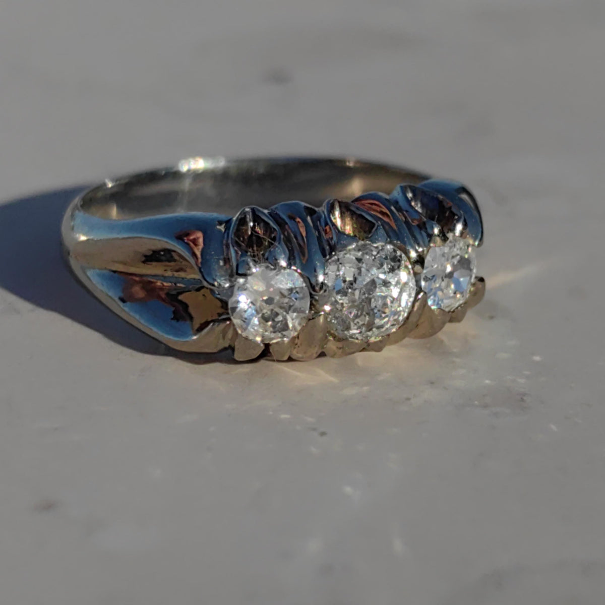 Diamond 18K Solid White Gold Vintage 1930s Art Deco Engagement Three Stone Setting Diamond Engagement Band Ring, Thick Statement Ring