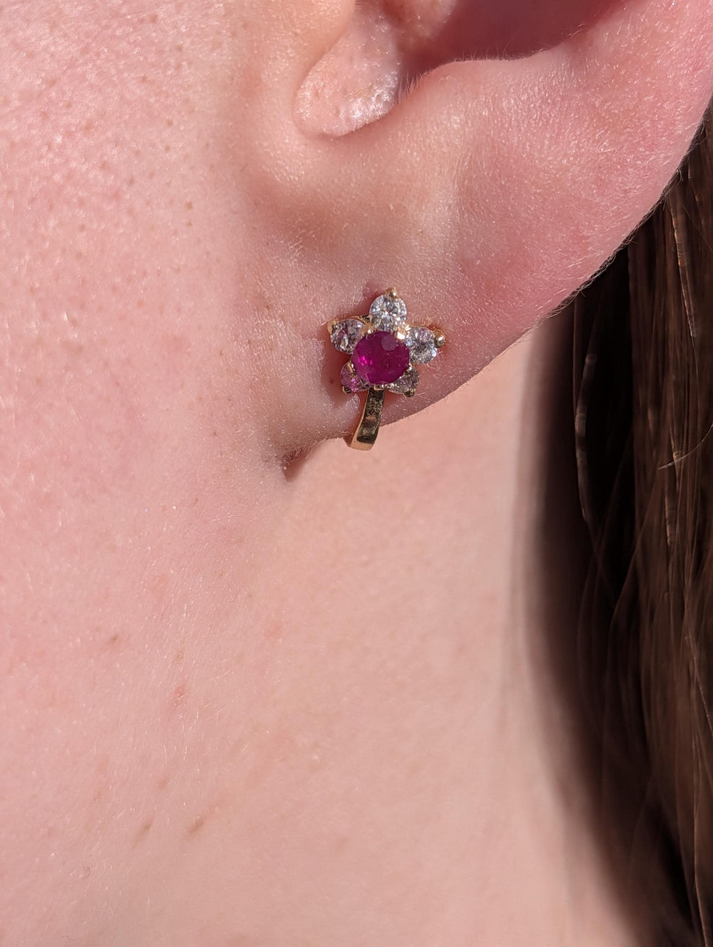 Vintage Ruby Diamond Stud Earrings 14K Gold Floral Earrings Natural Ruby Diamond Antique Latch Back Earrings Gift for Her