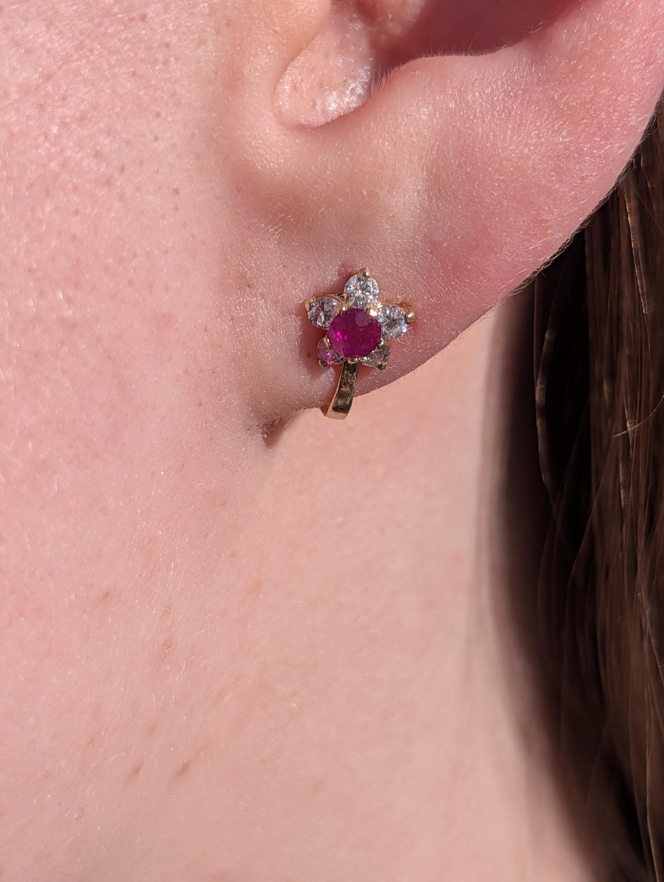 Vintage Ruby Diamond Stud Earrings 14K Gold Floral Earrings Natural Ruby Diamond Antique Latch Back Earrings Gift for Her