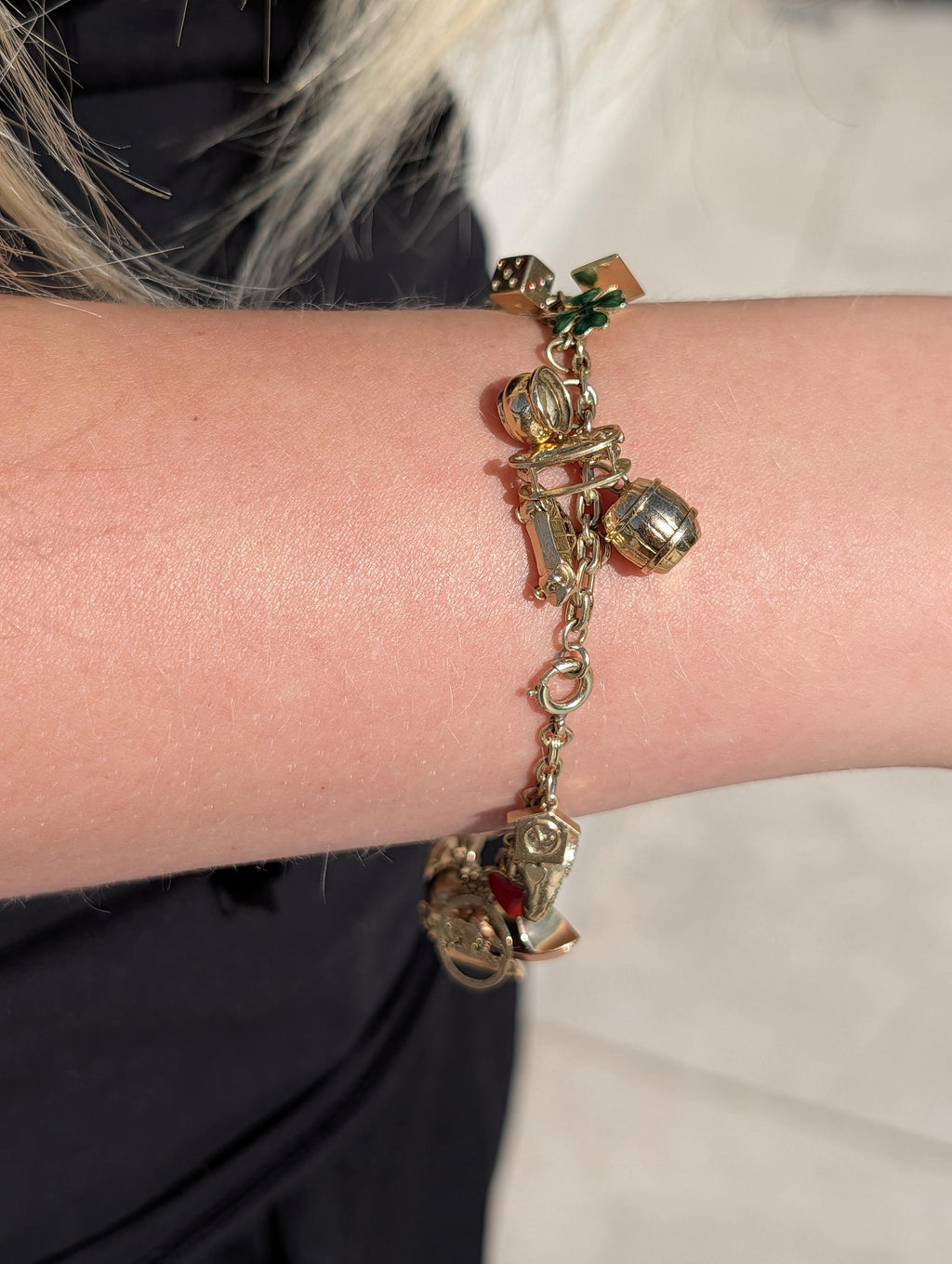 1920s Hallmarked 14k Gold Charm Bracelet, Whimsical Statement Antique Bracelet, 21 cm, 26.8g, Mixed Era Charms, Estate Gift