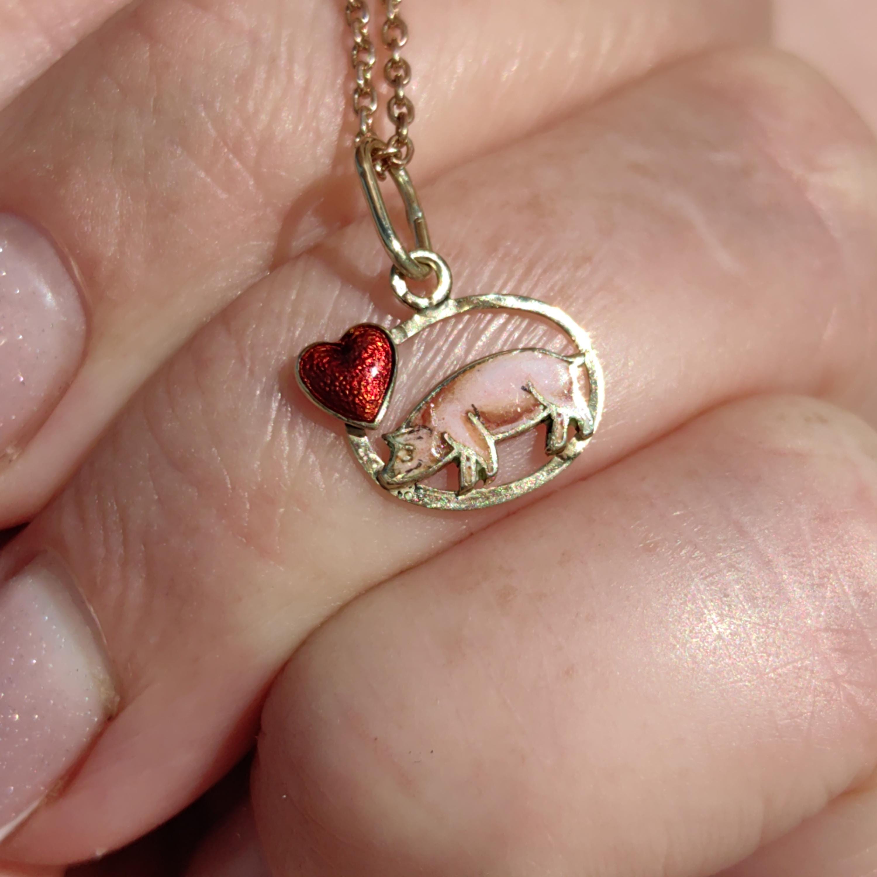 14k Gold Fire Enamel Pig Pendant: Art Nouveau Farm Charm