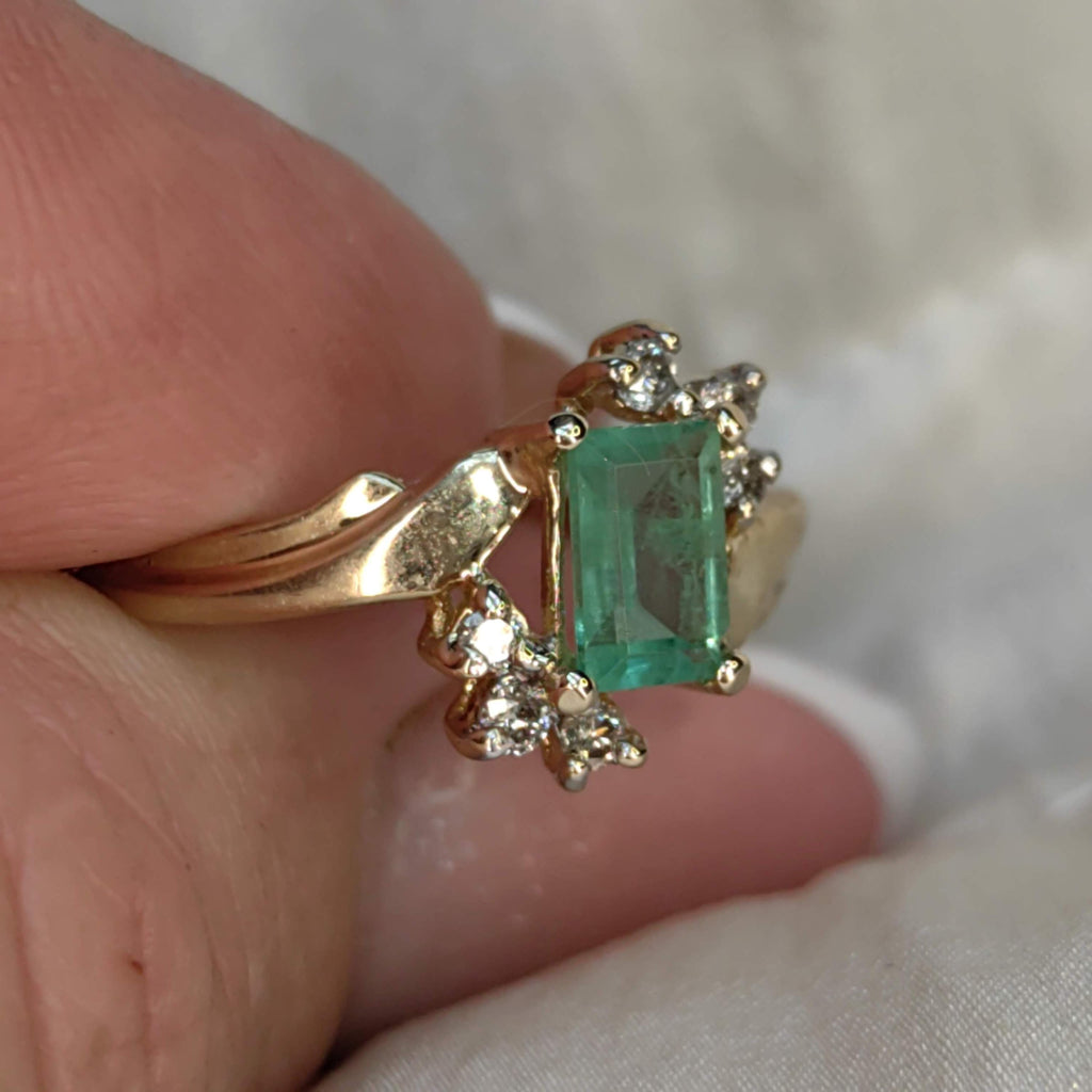 Vintage Square Green Natural Emerald Diamond 14k Solid Yellow Gold Antique Engagement Ring Dainty Stackable Band Gift for Her