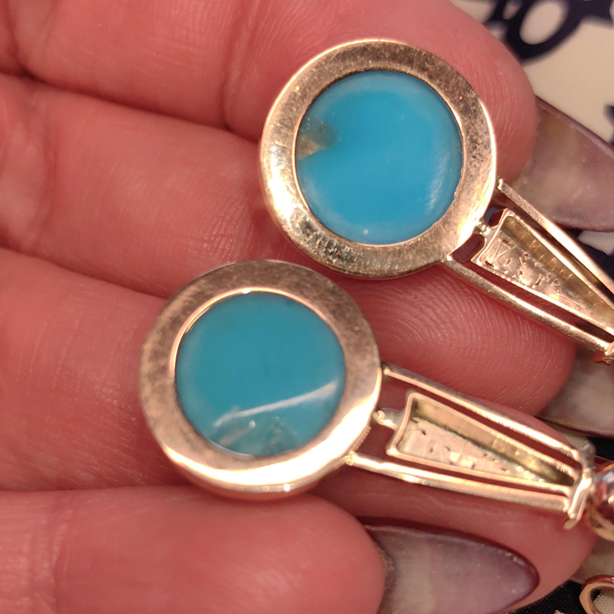 Turquoise 14K Solid hallmarked Yellow Rose Champagne Gold Dangle Drop  Historism 1890s Elegant Vintage Earrings Gift for Her Present