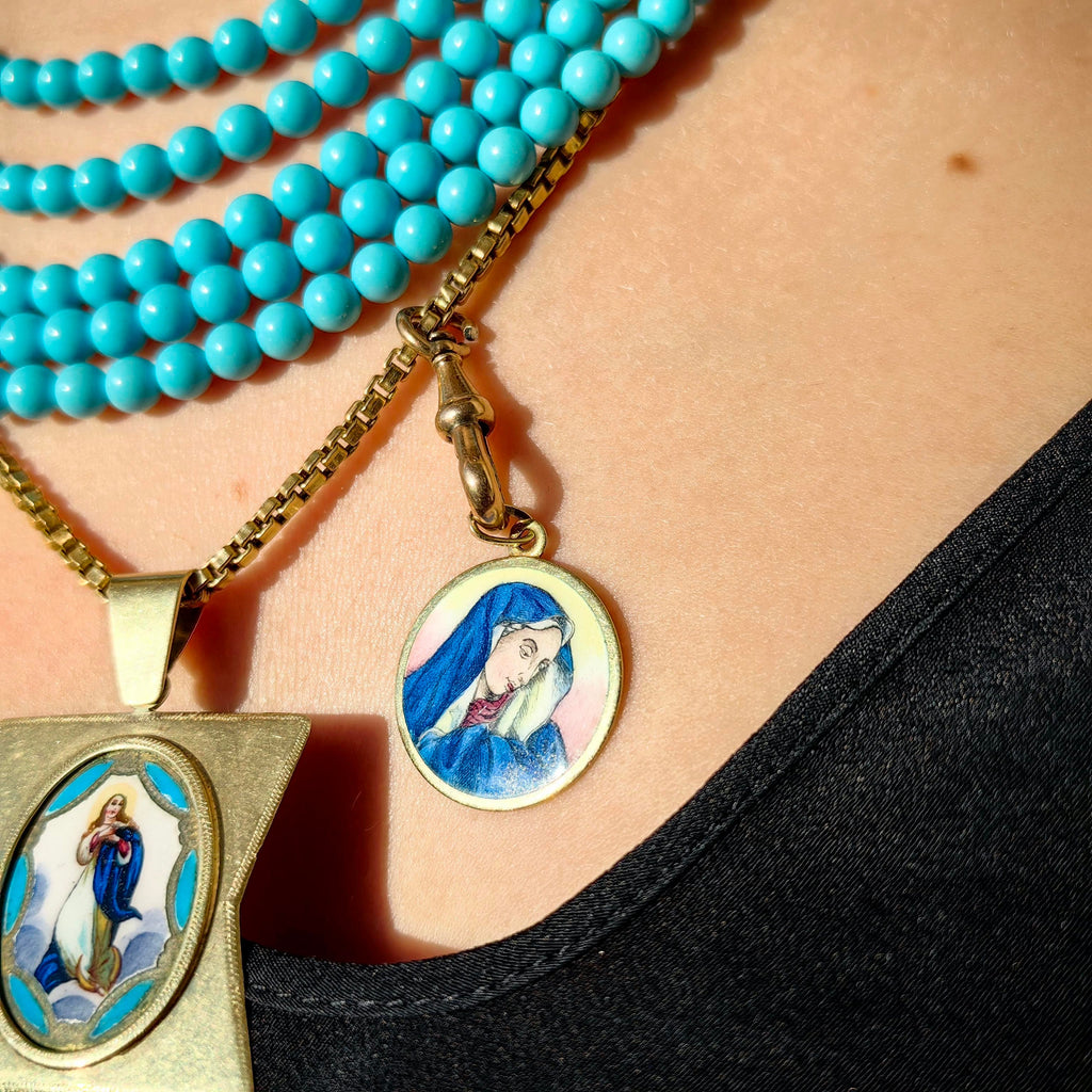 Vintage 14K Gold Virgin Mary Pendant: Hand-Painted Enamel Catholic Charm