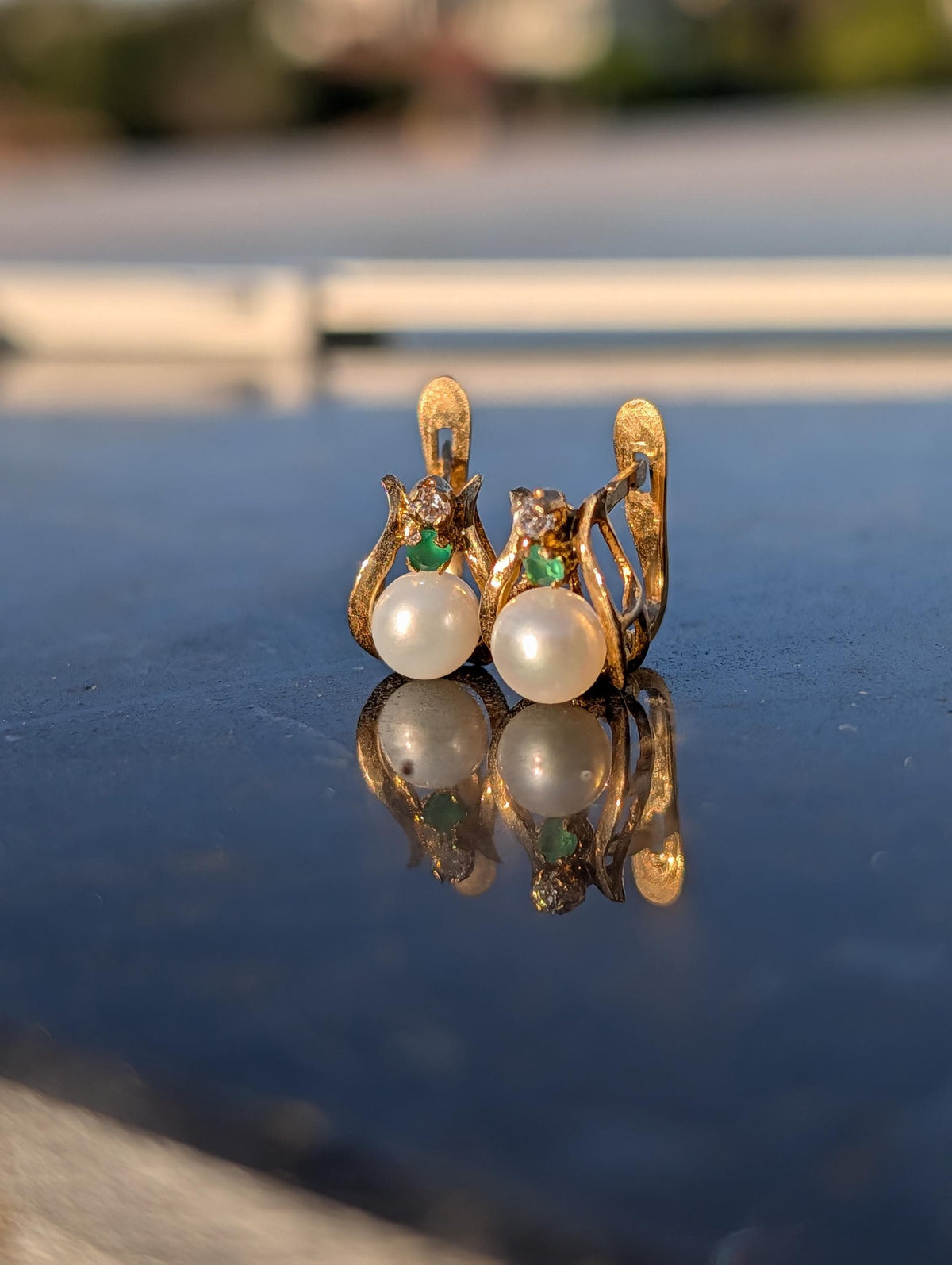 Mid Century 1950s Natural Emerald Diamond Pearl Earrings 18k Yellow Gold, Vintage Hallmarked Dangle Earrings Gift for Her
