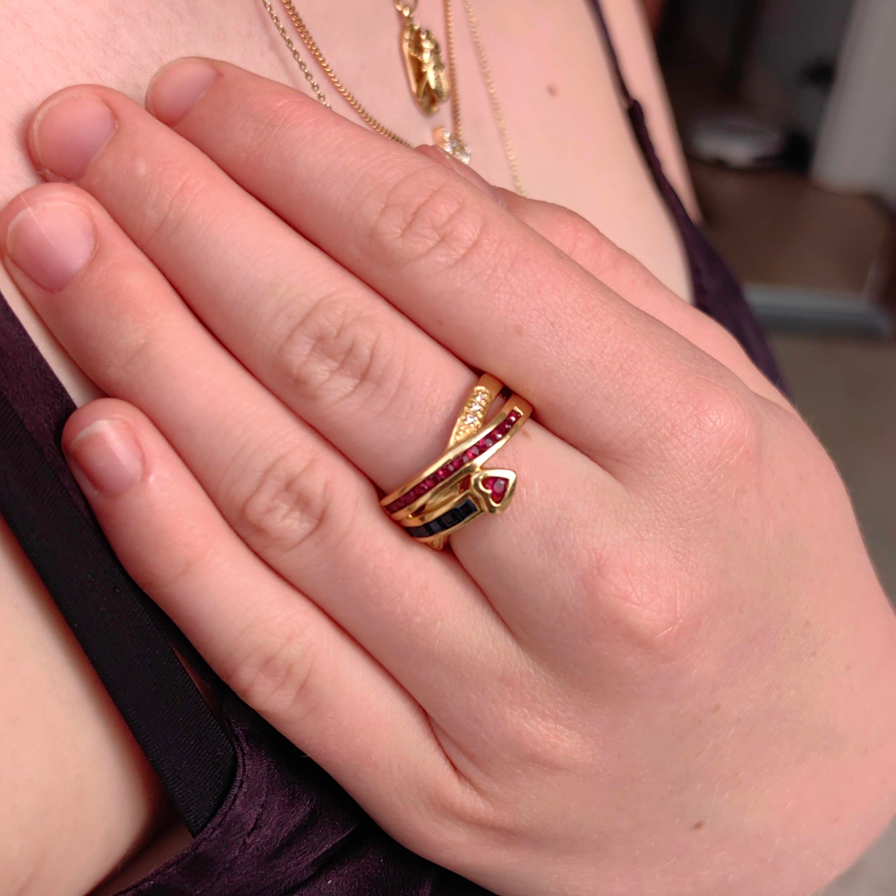 Vintage 18k Gold Snake Ring: Ruby, Sapphire & Diamond Statement Jewelry