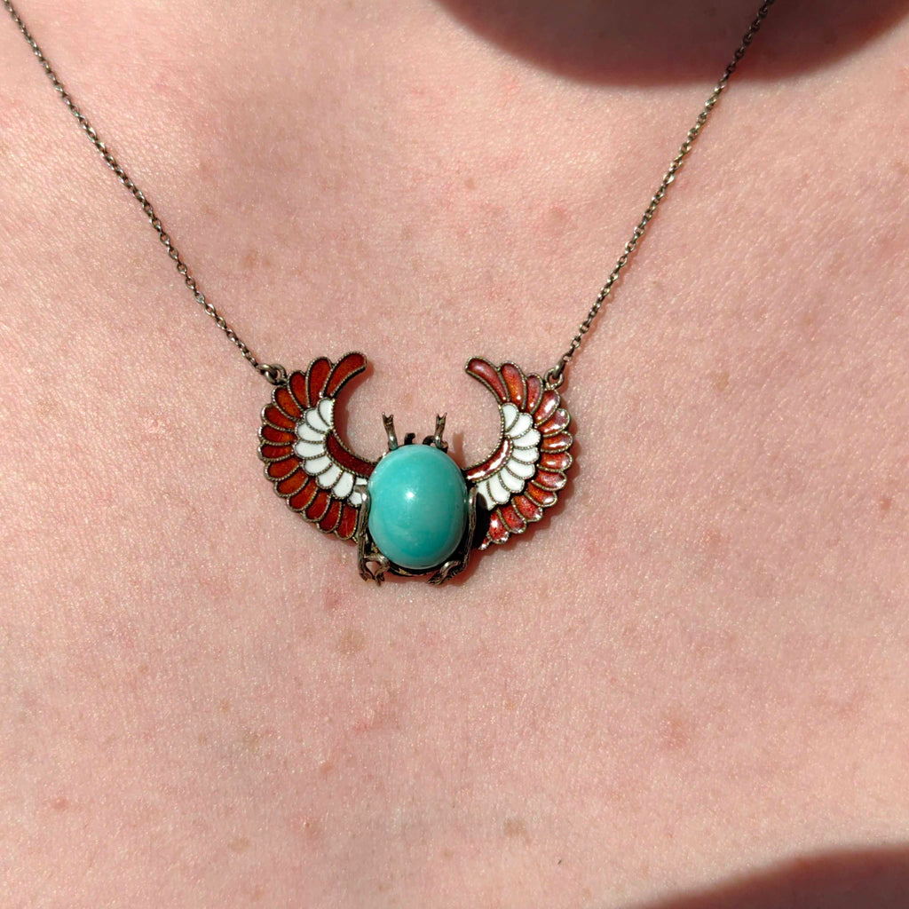 Art Deco Antique Vintage Scarab Ancient Egypt Revival Style Turquoise and Enamel Silver Necklace