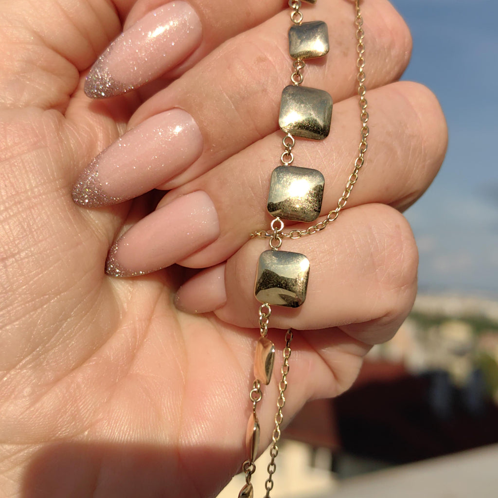 14k Solid Gold Square Link Chain Necklace: Handmade Vintage Unisex Design