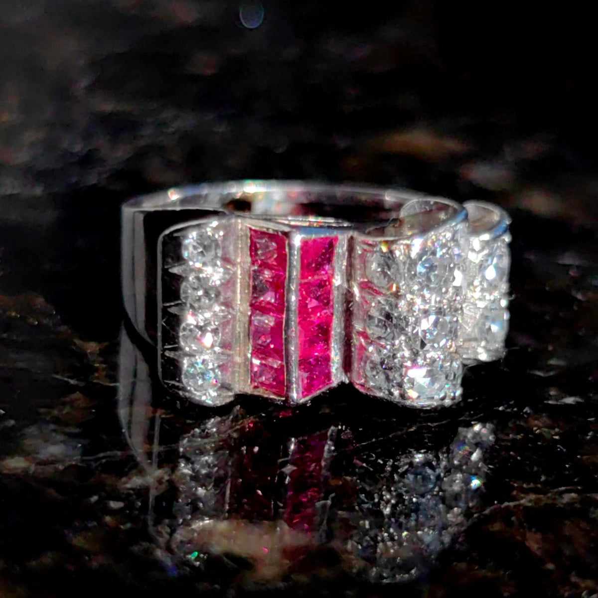 1930s Art Deco Platinum Ring: Ruby Diamond Chevalier Statement Ring